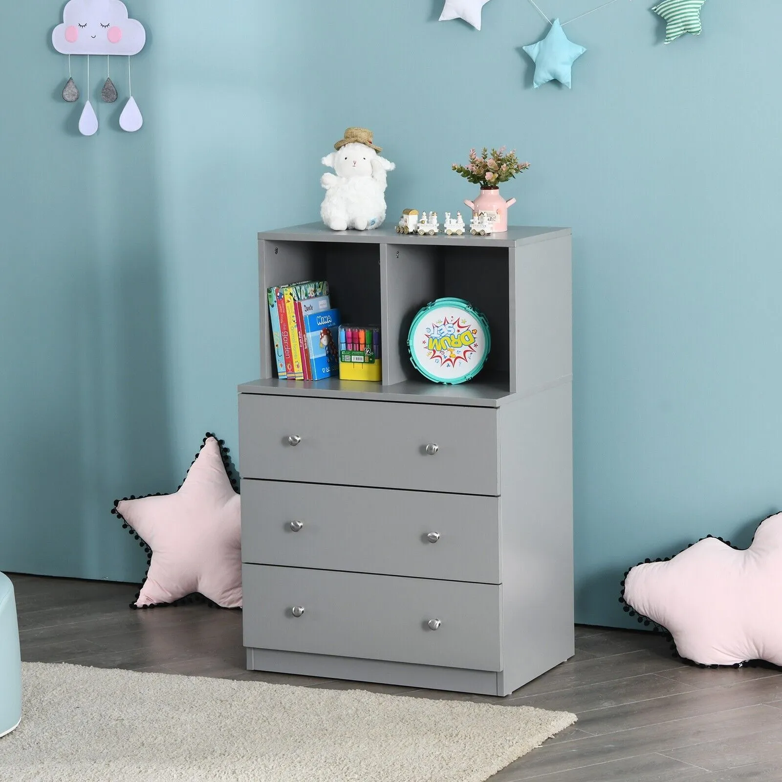 Costway 3-Drawer Chest Storage Cabinet Dresser Freestanding Organizer 2 Cubbies 3 Drawer in Grey 3