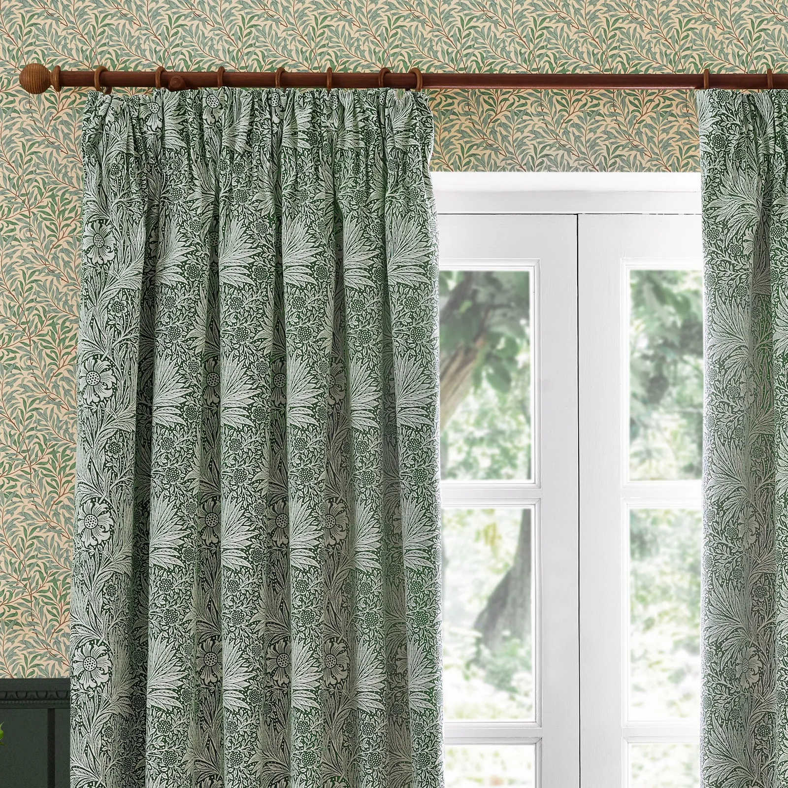 Morris & Co Marigold Jacquard Floral Room Darkening Pencil Pleat Curtains in Green 3