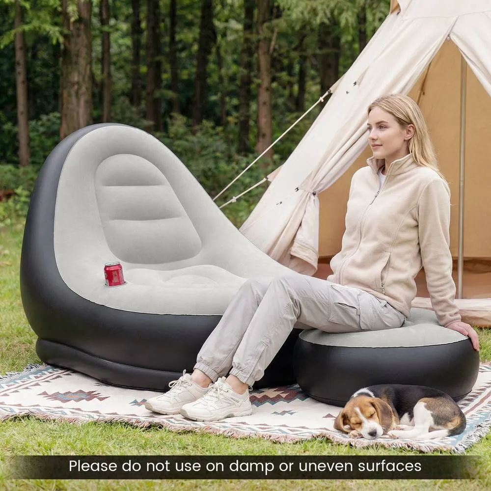 Costway Inflatable Lounge Sofa w/ Ottoman Air Sofa Blow up Single Couch in Grey 4