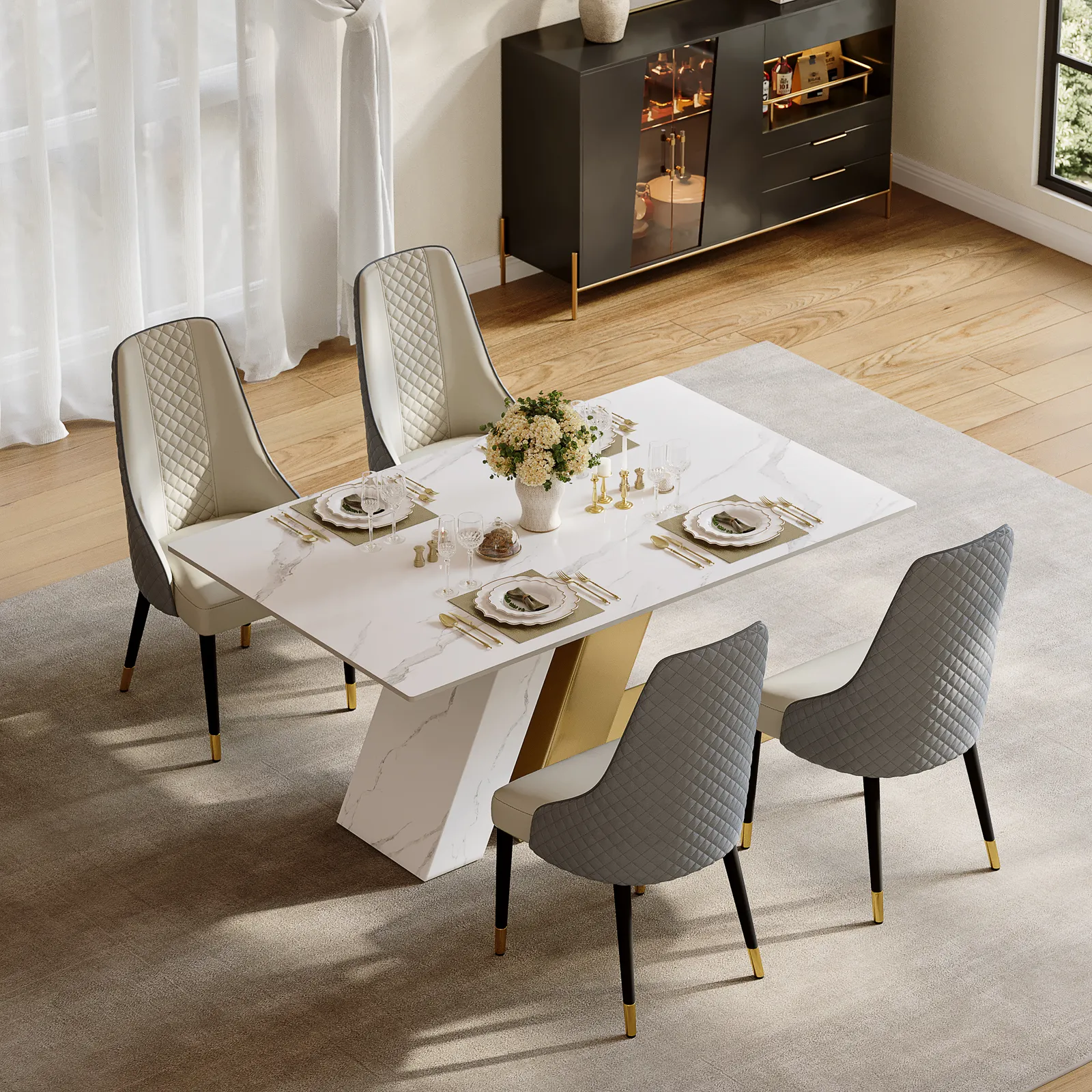 Dining Set 160 cm Modern Rectangular Sintered Stone Dining Table with 4 Chairs