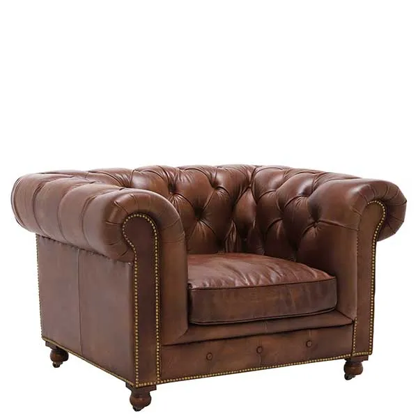 Asquith Aged Leather Chair - Chesterfield Design Featuring Buttoned Back && Hand Studded Detailing - W123 x D96 x H77cm