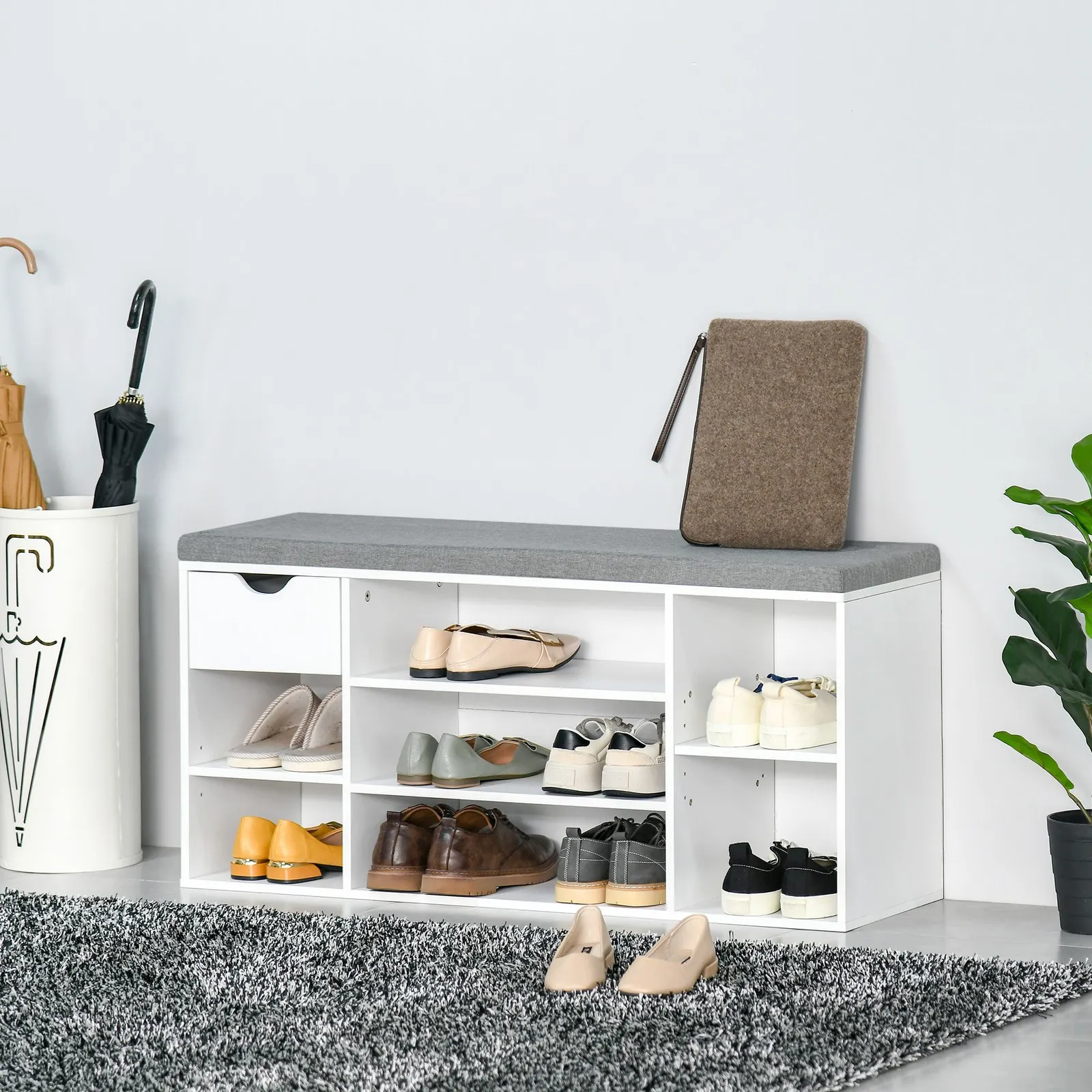 HOMCOM Shoe Storage Bench with Cushion 7 Compartments Adjustable Shelves in White