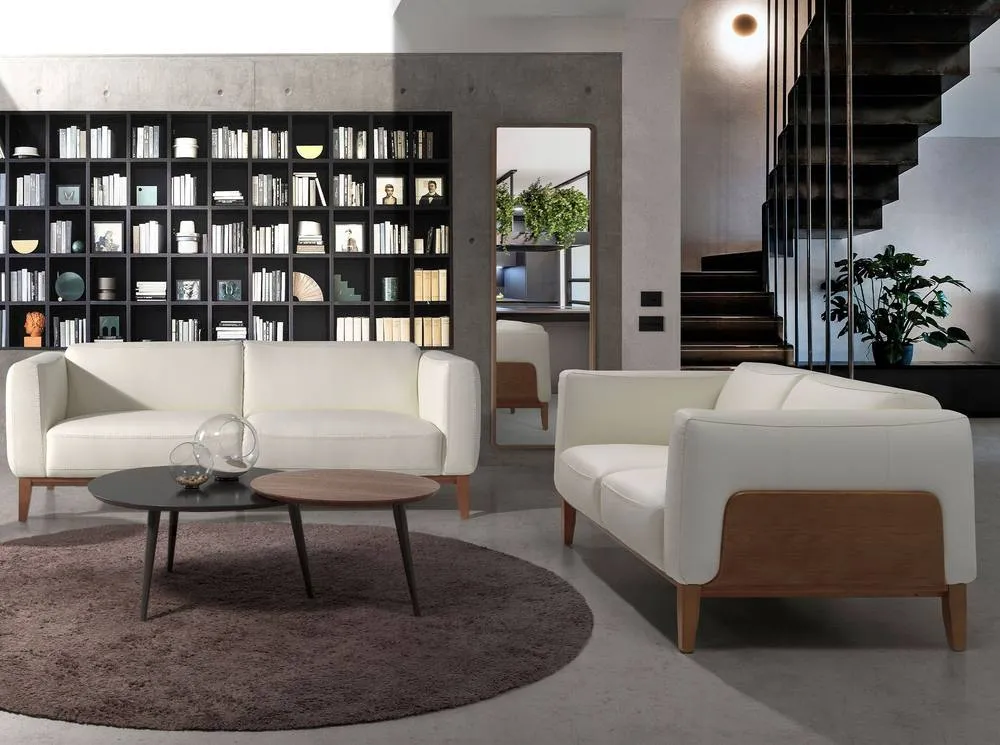 Angel Cerda White 3-Seater Cowhide Leather Sofa with Walnut Legs 4