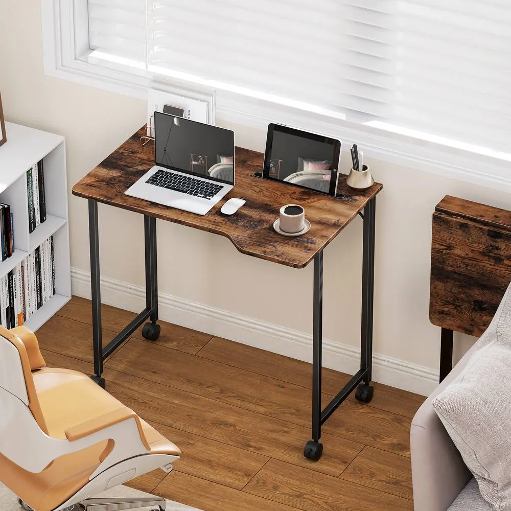 HOMCOM Small Writing Desk with Wheels, Folding Study Table in Brown 1