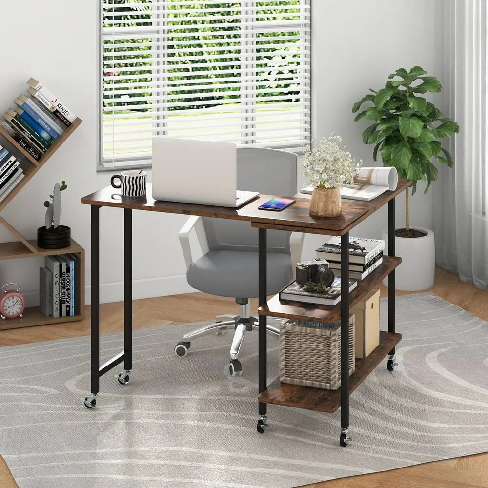Costway L shaped Mobile 360 Rotating Corner Computer Desk Laptop Computer PC Desk Home Office in Brown 3