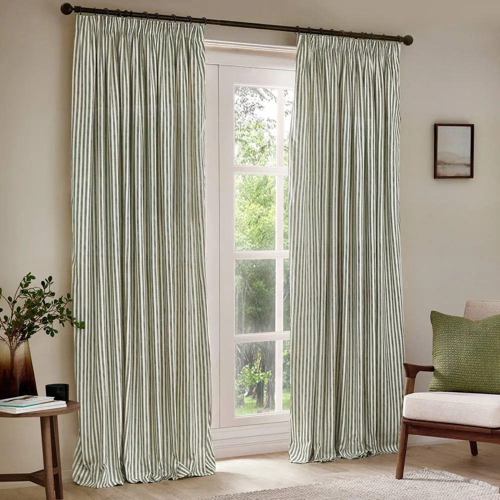 Yard Hebden Striped 100% Cotton Blackout Pencil Pleat Curtain Pair in Green 2