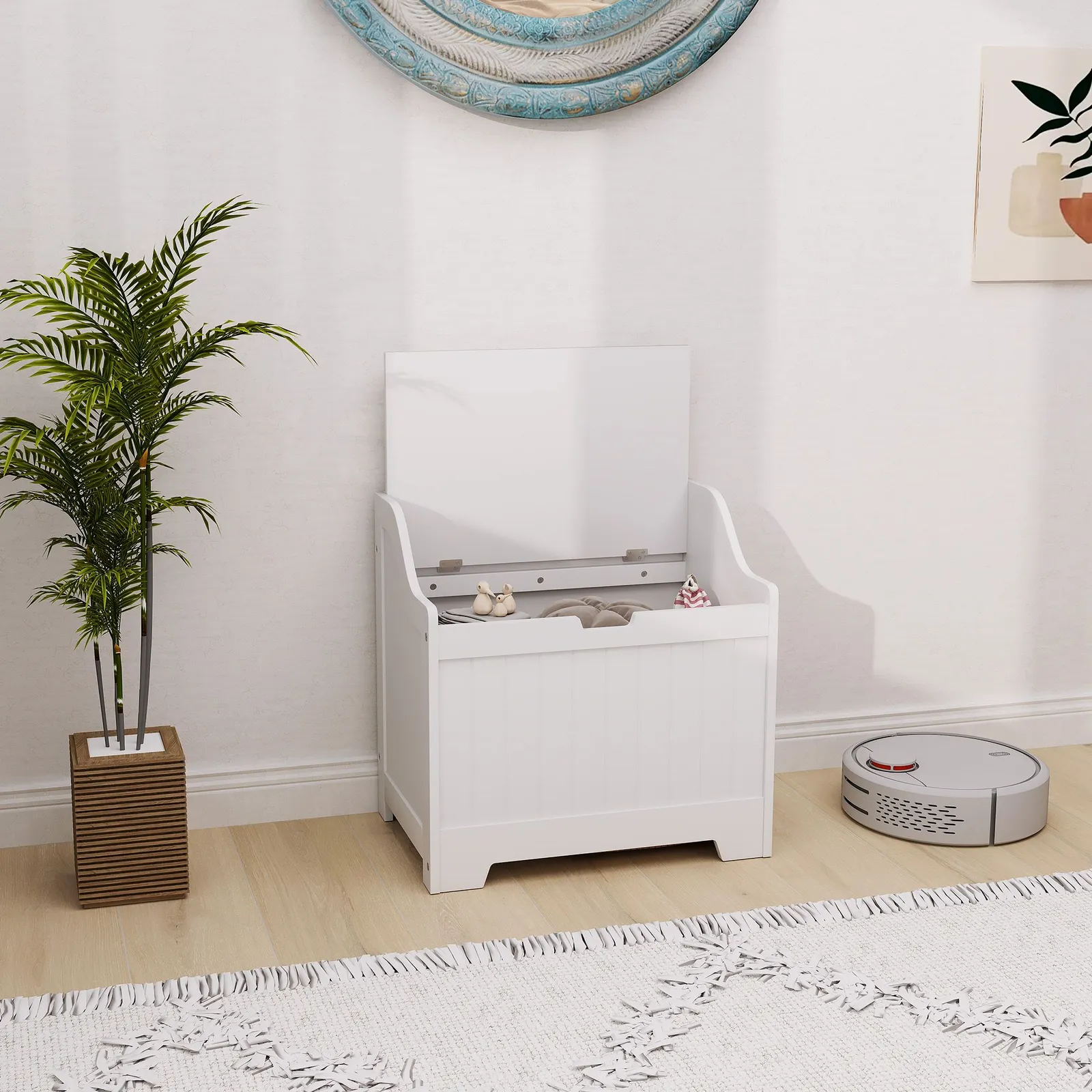 HOMCOM Storage Trunk with Safety Hinge for Living Room, 56.4cm in White 1