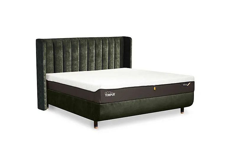 Arc Disc Ottoman Bed Frame with Lodret Headboard - King Size - Dark Green with Oak Feet