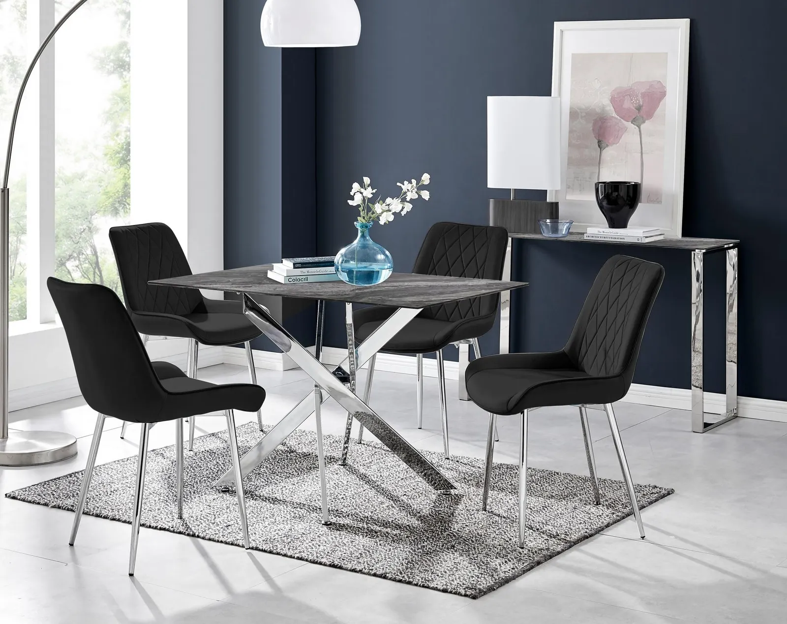 FurnitureboxUK Leonardo Grey Glass Marble Effect Silver Leg Table & 4 Pesaro Silver Chairs in Black 1