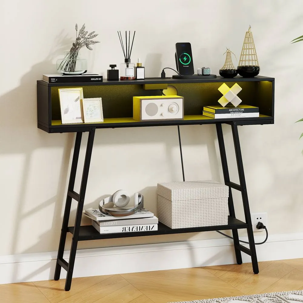 Costway 3-Tier Console Table Entryway Table Narrow Sofa Table w/ LED Light in Black
