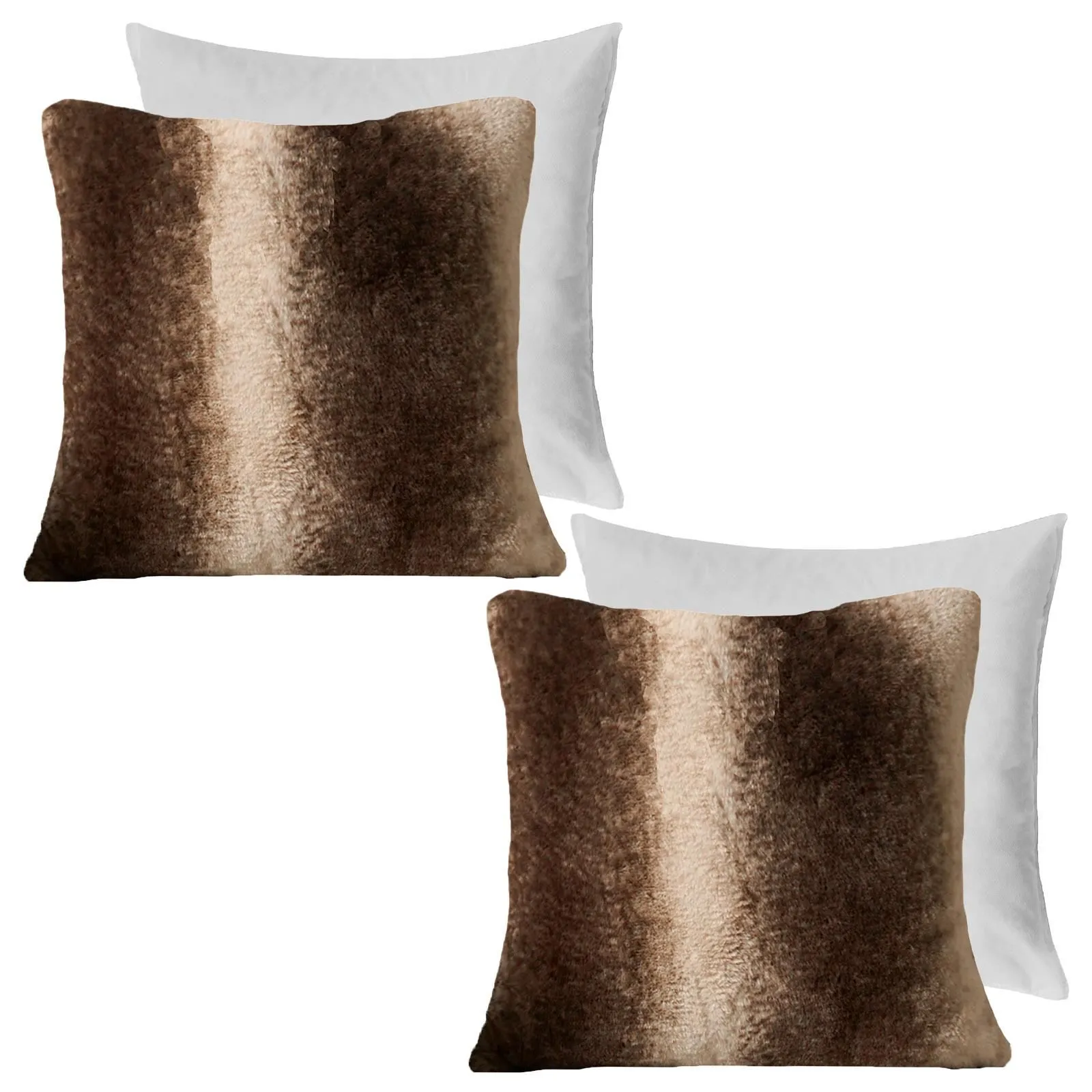 OHS 2 Pack Stripe Faux Fur Soft Fleece Filled Cushion Covers - 45 x 45cm in Brown