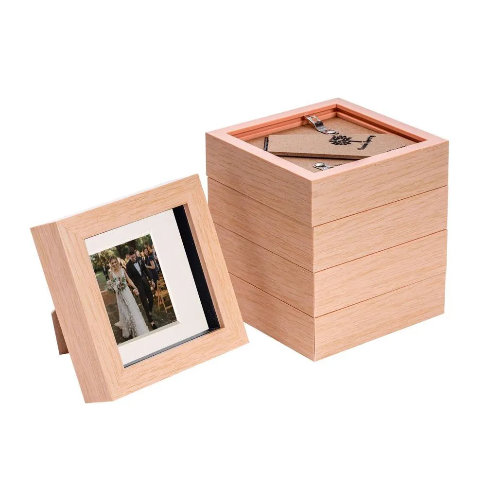 Nicola Spring 3D Box Photo Frames - 4 x 4" with 2 x 2" Mount - Black Mount - Pack of 5 in Light Brown