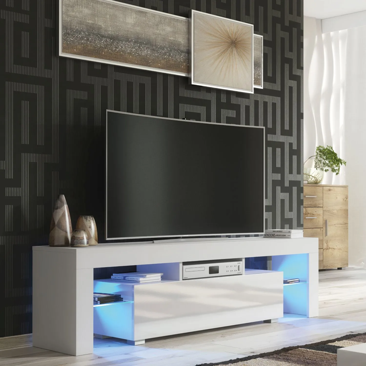 Creative Furniture Aria TV Unit 160cm White with High Gloss Doors & LED Lights in Grey 4