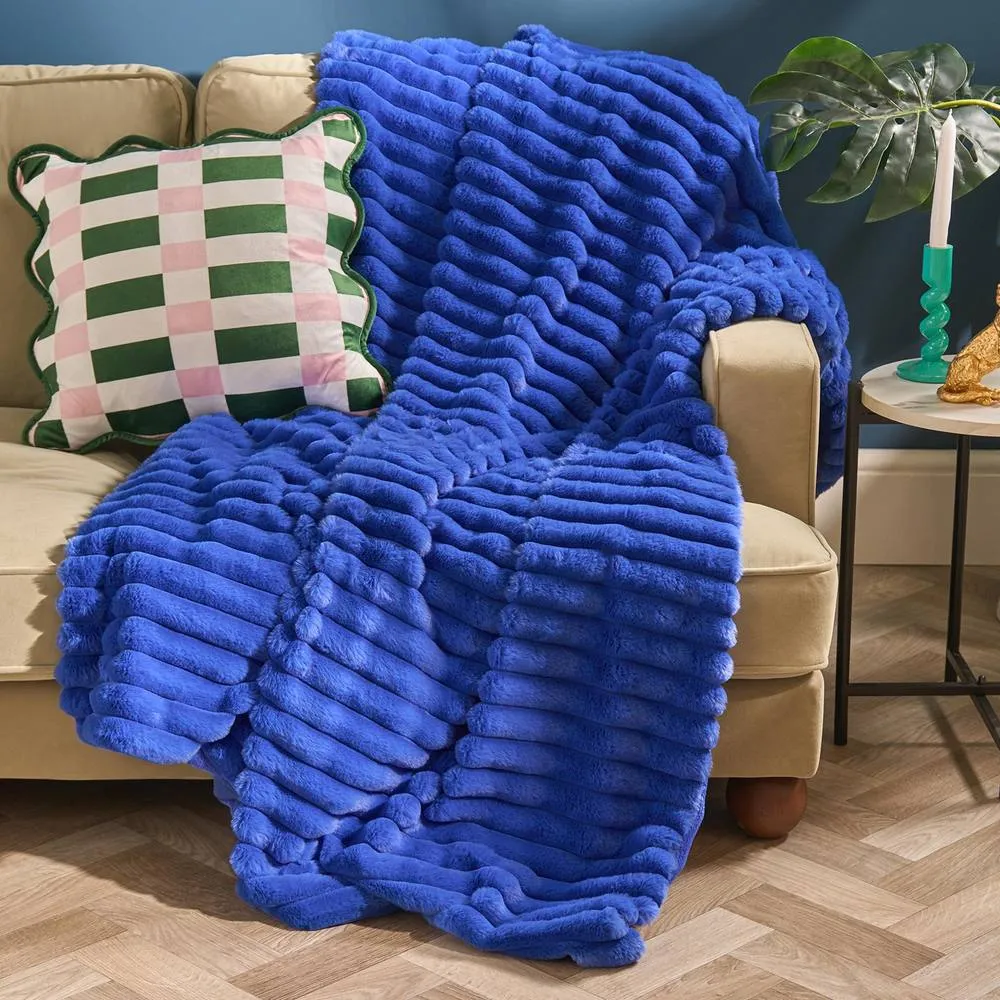 OHS Faux Fur Ribbed Fleece Throw Over Bed Blanket Winter Warm Supersoft in Cobalt
