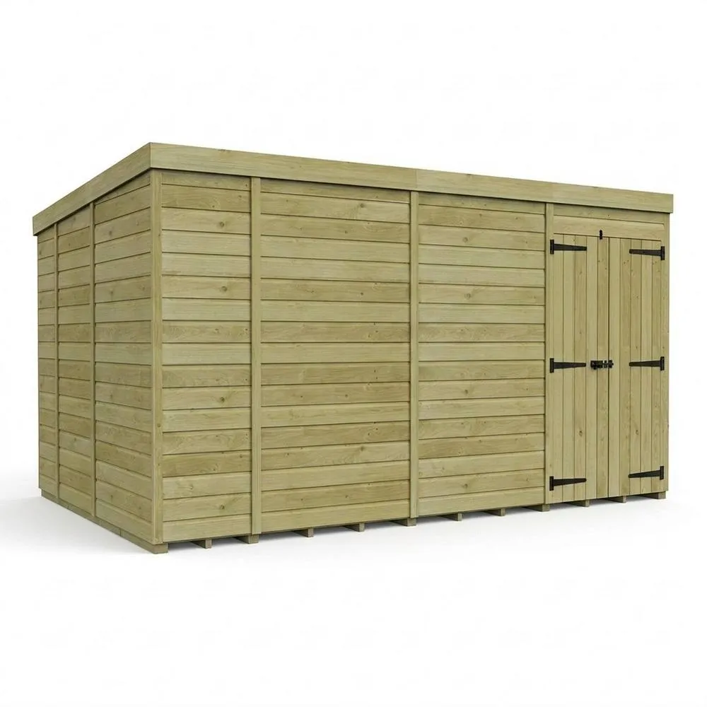 Buttercup Farm 14ft x 9ft Pent Garden Shed Double Door No Windows - Timber in Brown