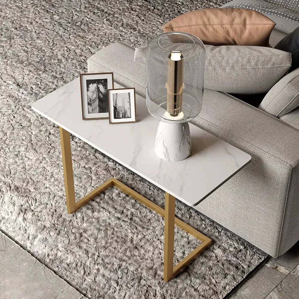 650mm C-Shaped Rectangle Sintered Stone Gold Finish Side Table