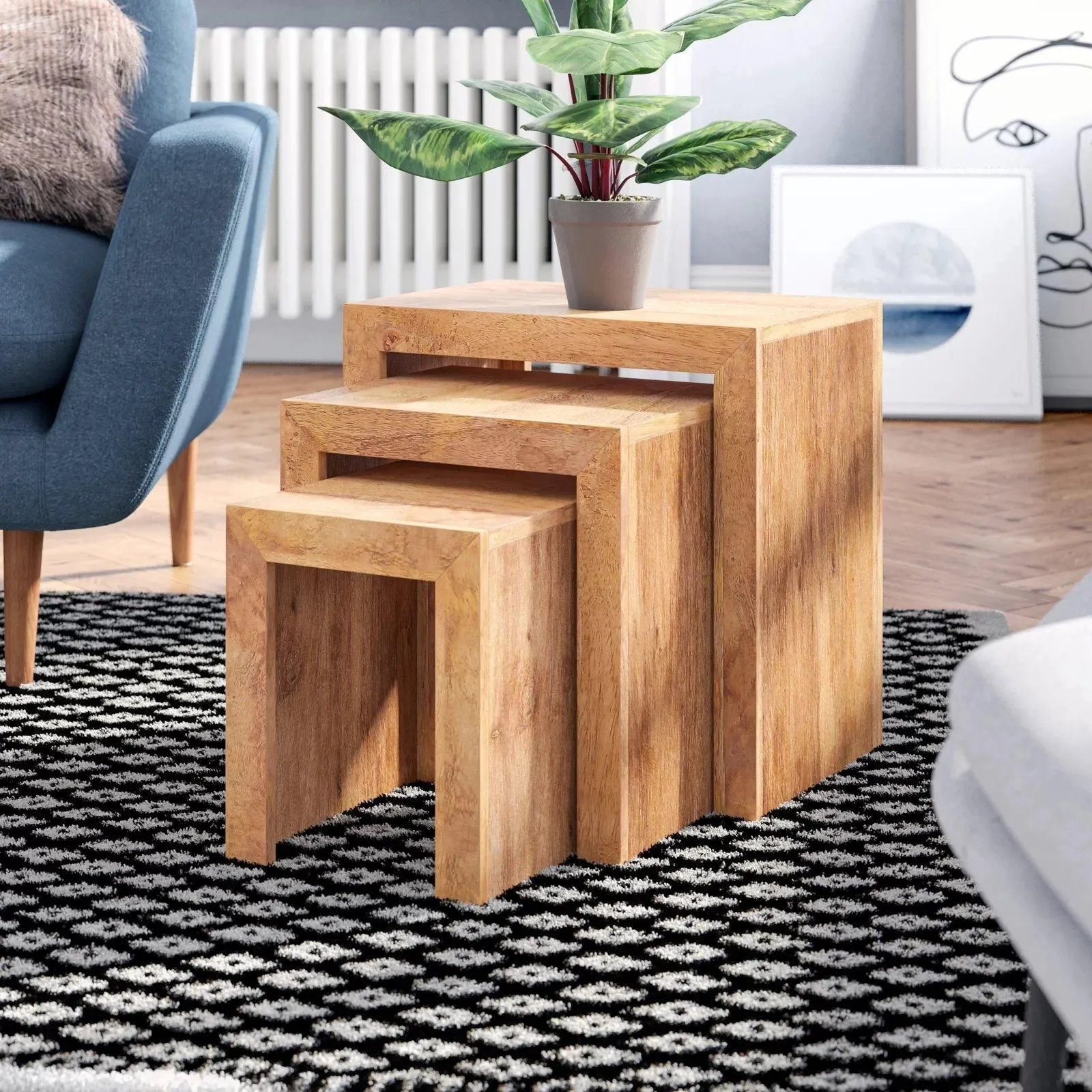 IH Design Duvid Light Mango Wooden Nest of 3 Tables in Brown 2