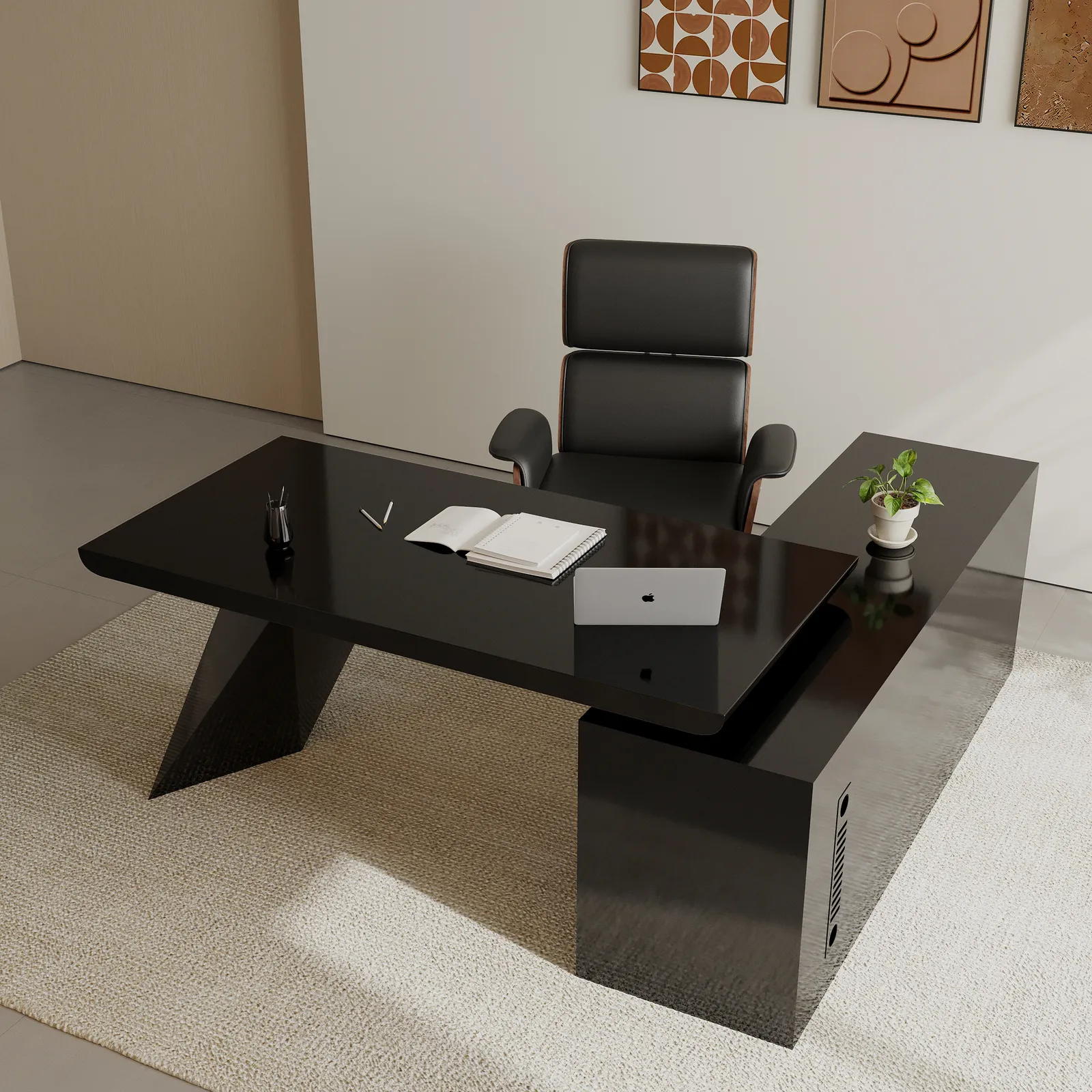 Set Black L-Shape Executive Desk Left Hand Reclining Leather Office Desk Chair (1800mm)