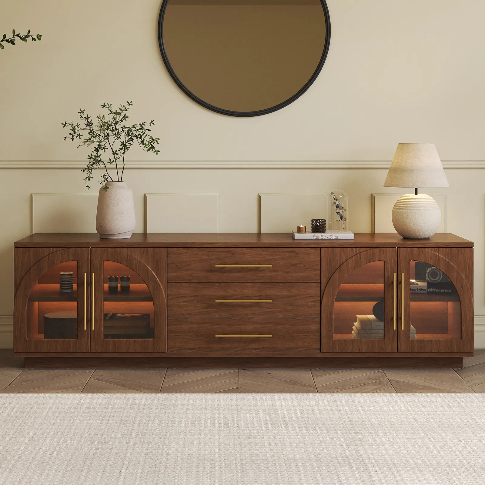 Arune 180 cm Mid Century Modern Walnut TV Stand with LED Lights and Arched Glass Cabinet Doors