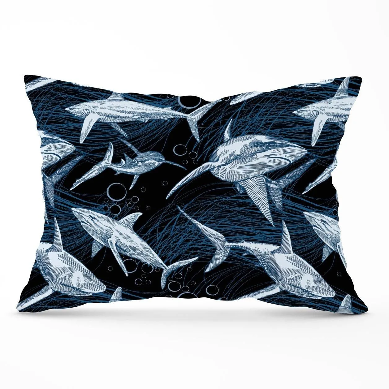 Warren Reed - Designer Hand Drawn Shark Pattern Cushions in Blue