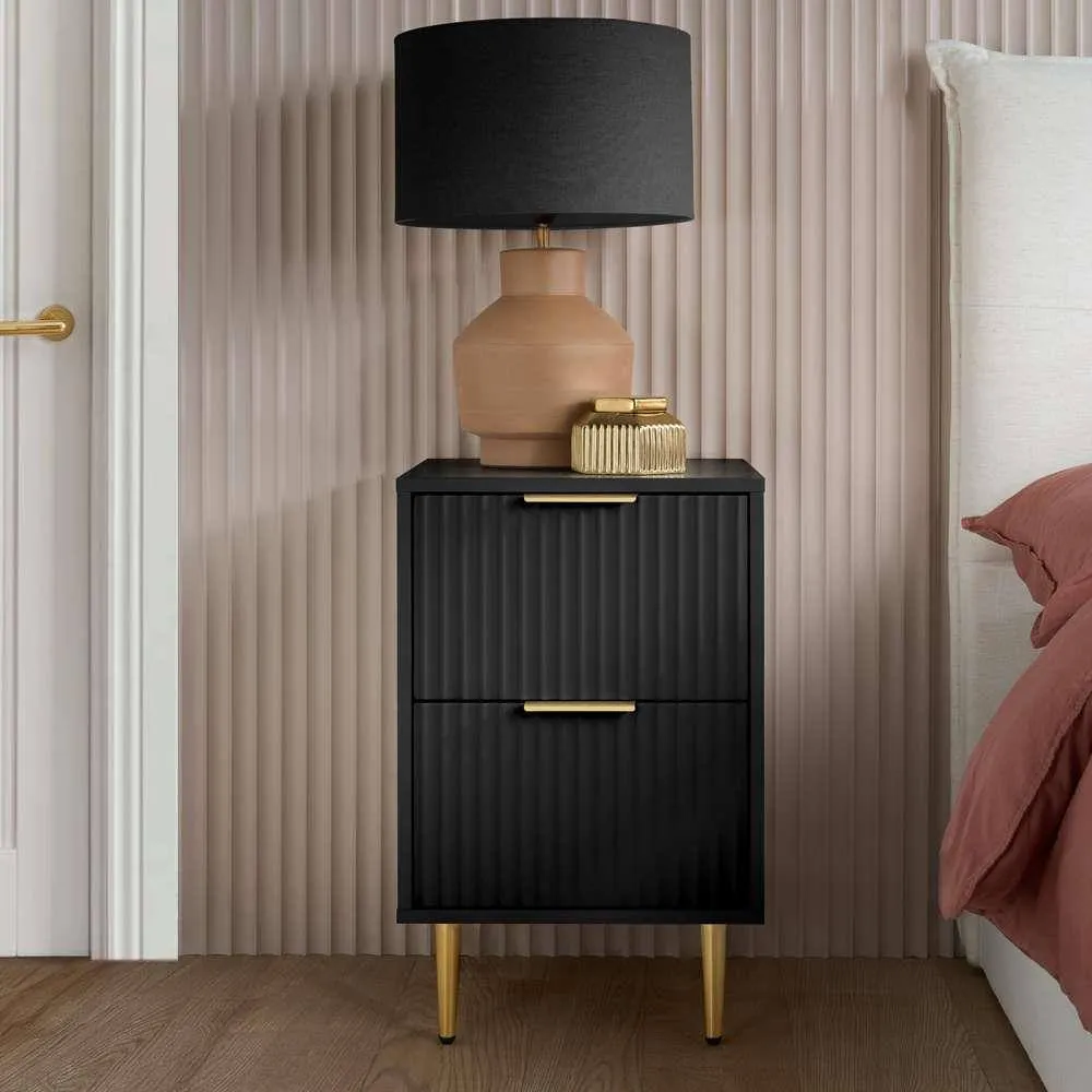 Birlea Pair of Zaza Black Bedside Cabinet 2 Drawer Fluted Chest 2