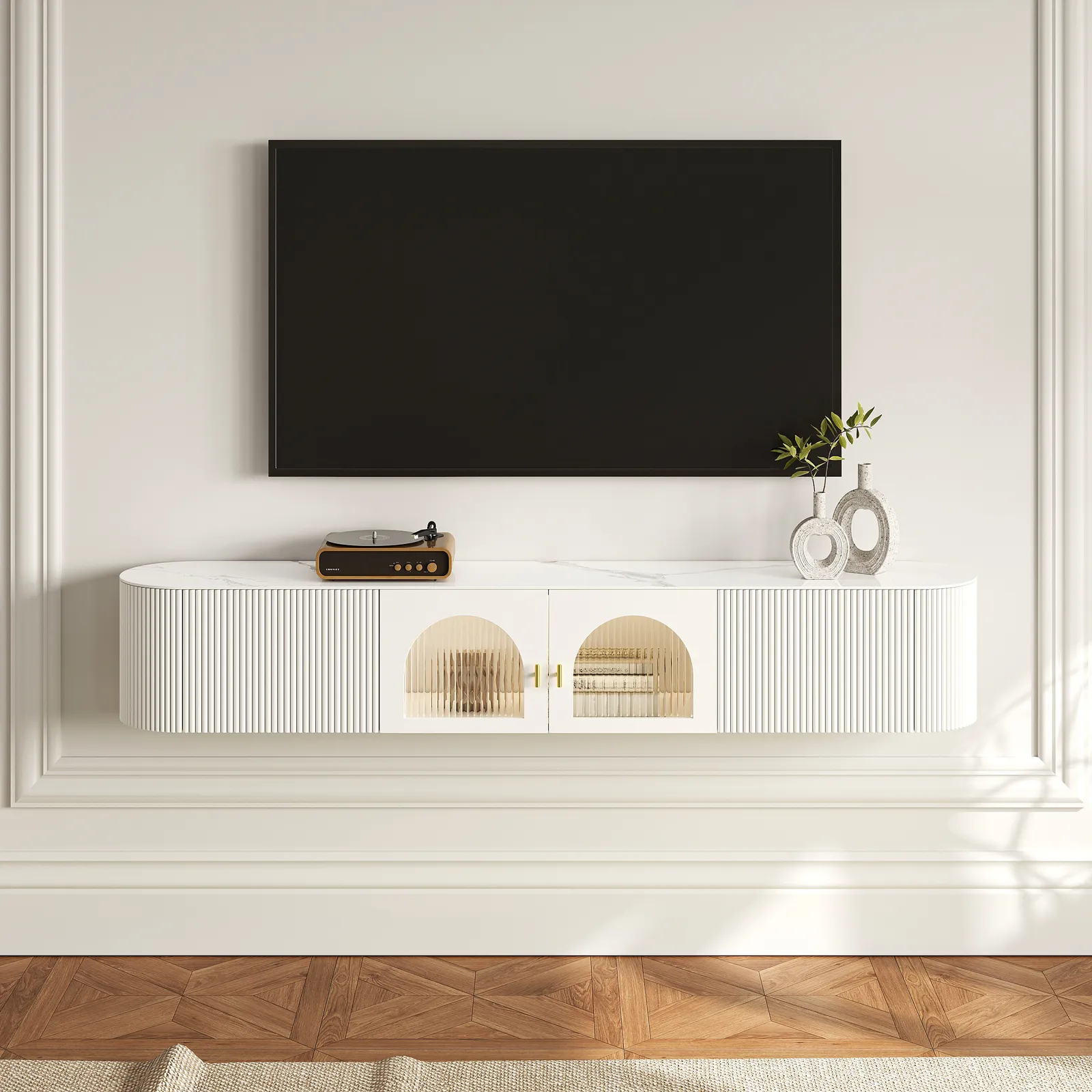 Modern White Floating Media Console Wall-Mounted TV Stand with Storage Sintered Stone Top for 1800 TV