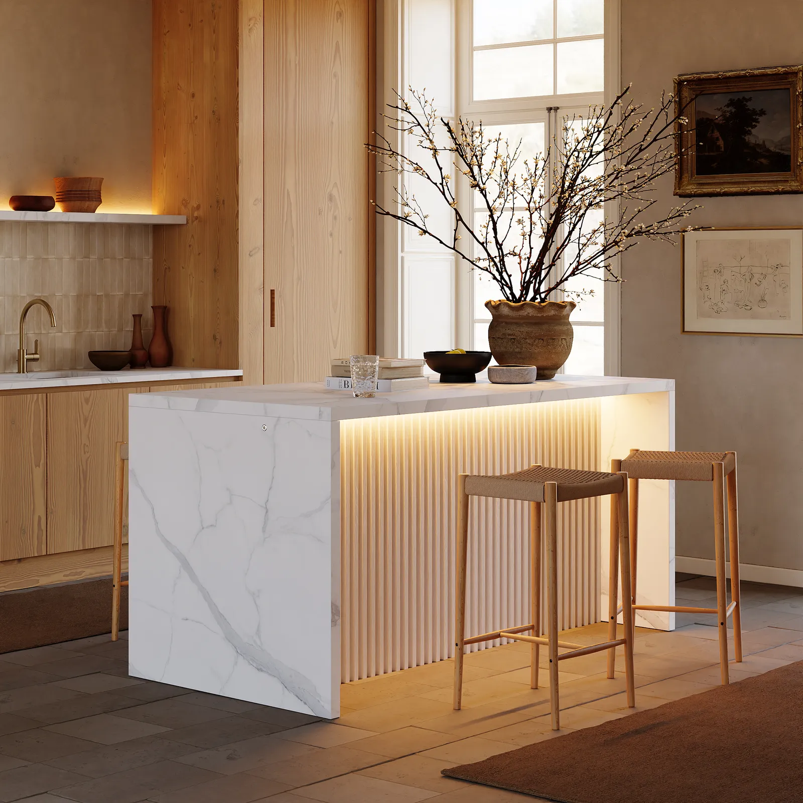 1800mm  Modern Waterfall Kitchen lsland with Light & Storage