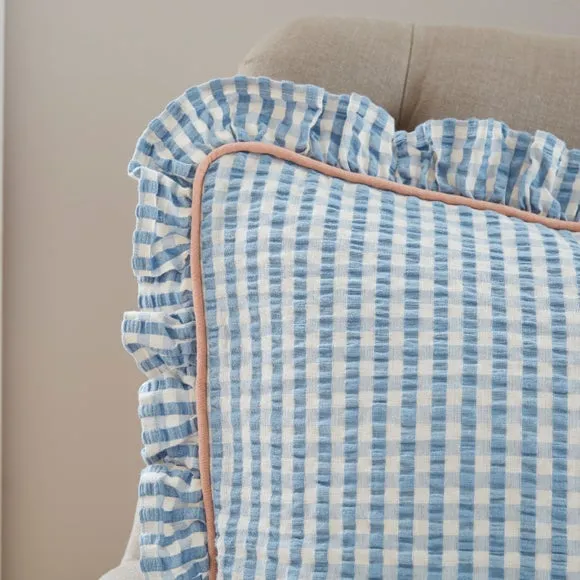 Seersucker Gingham Frill Cotton Square Cushion 2