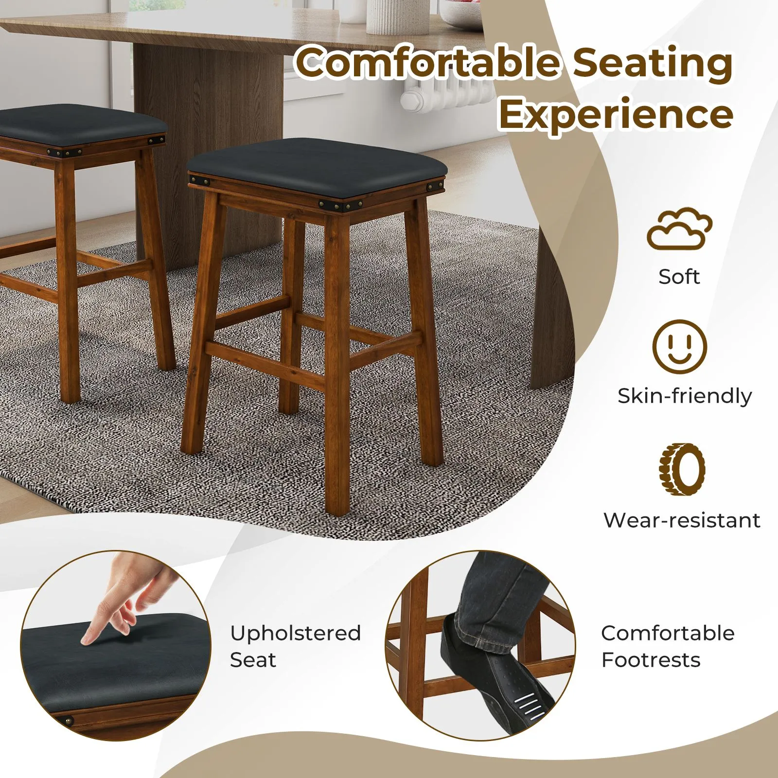 Costway 2PCS 76cm Bar Stools PU Leather Padded Upholstered Counter Height Chair Backless 4