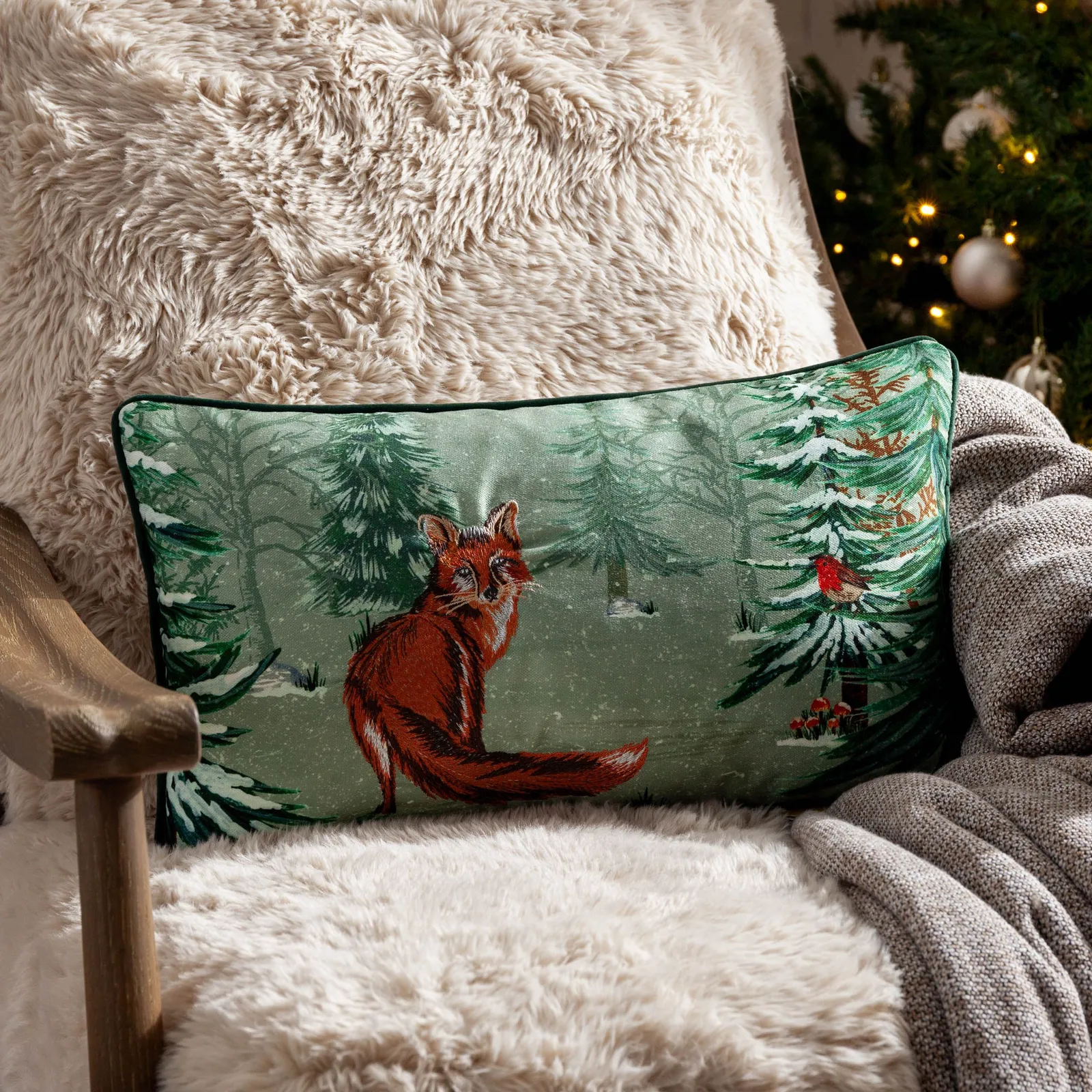 Furn Lodge Wood Fox Embroidered Piped Cushion in Green