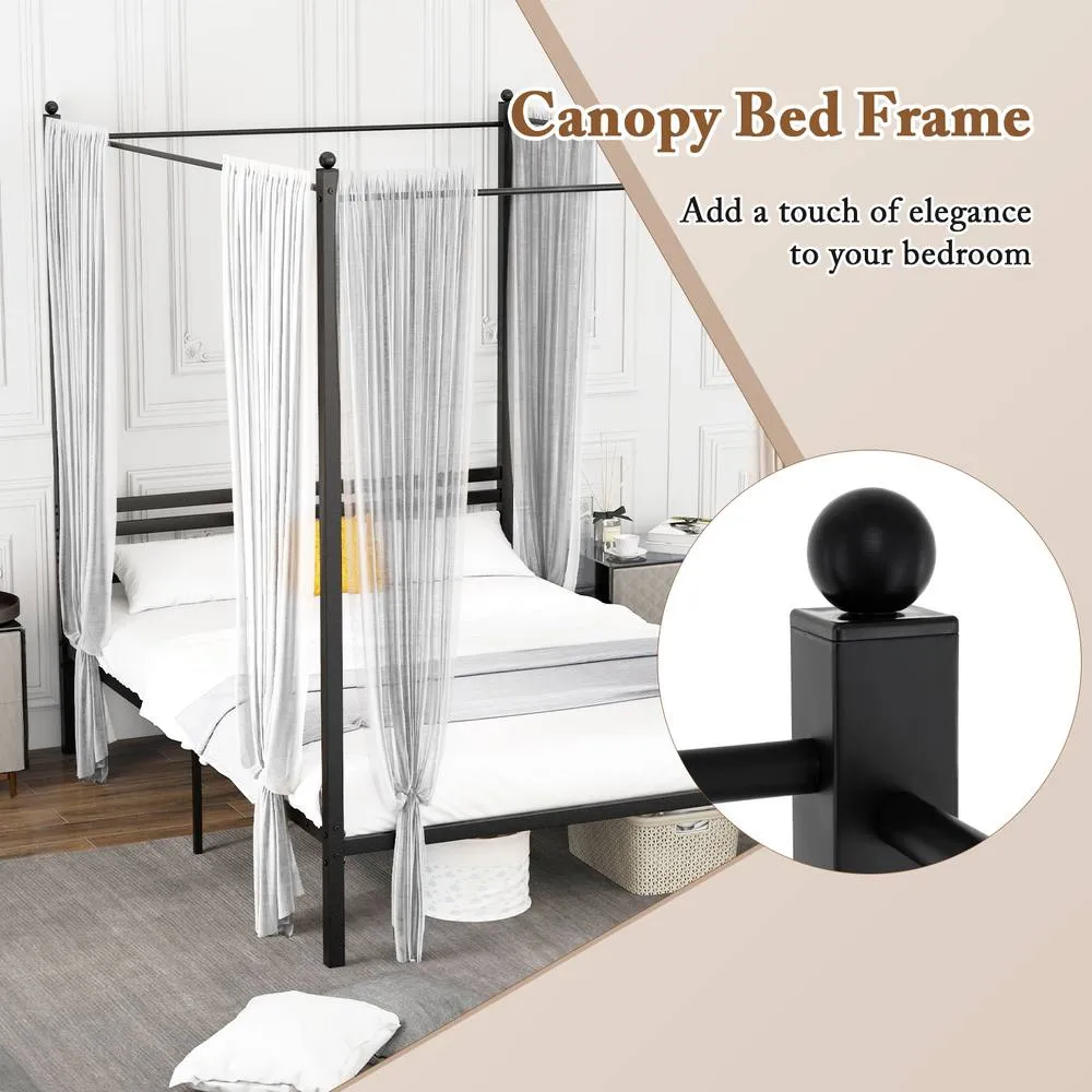 Costway Double Size Canopy Bed Frame 200x140cm Metal Platform Bed w/ Headboard in Black 6