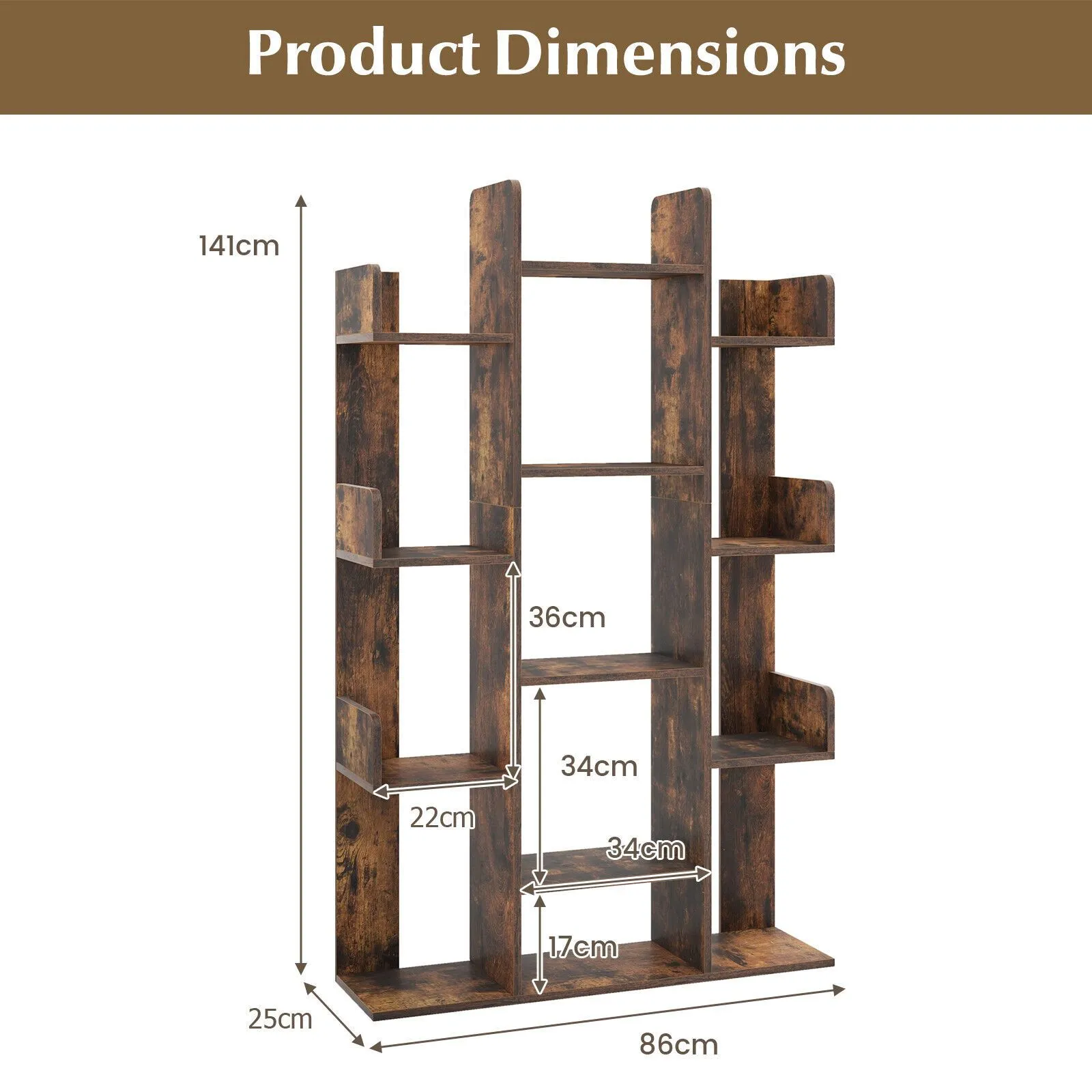 Costway Tree Bookshelf Tall Bookcase Corner Books Storage Organizer Display Cube Shelf in Brown 2
