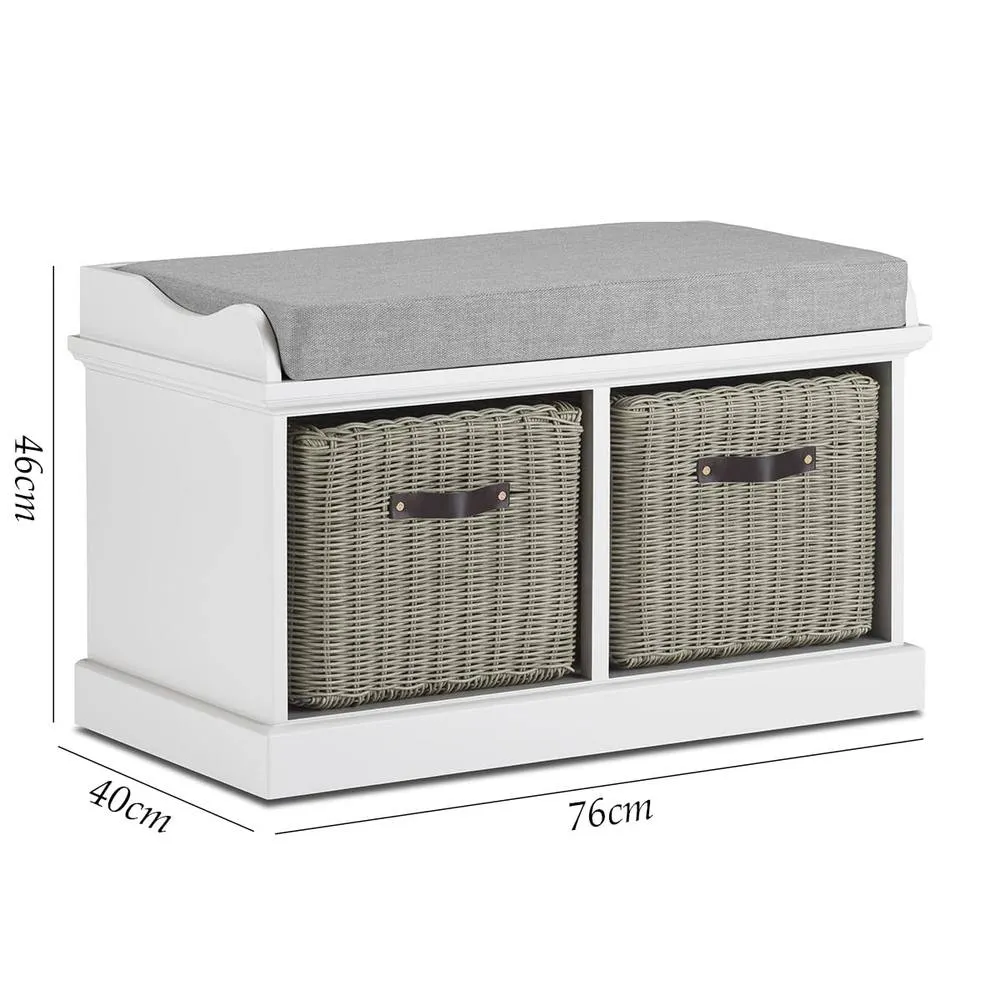 Statement Furniture Tetbury Bench with 2 Grey Faux Rattan Baskets & Grey Cushion in White 2