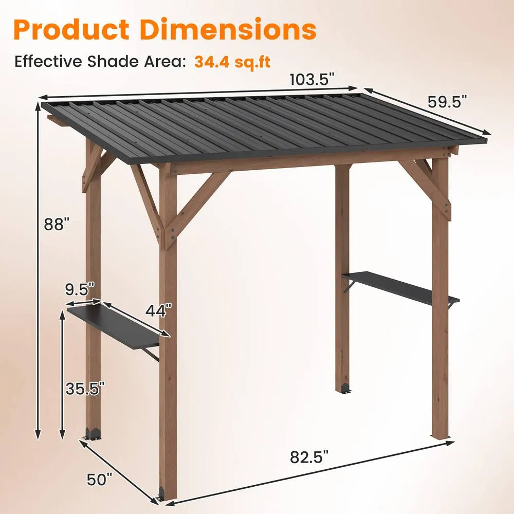 Costway Grill Gazebo Cedar Wood BBQ Gazebo with 2 Side Serving Shelves in Brown 2