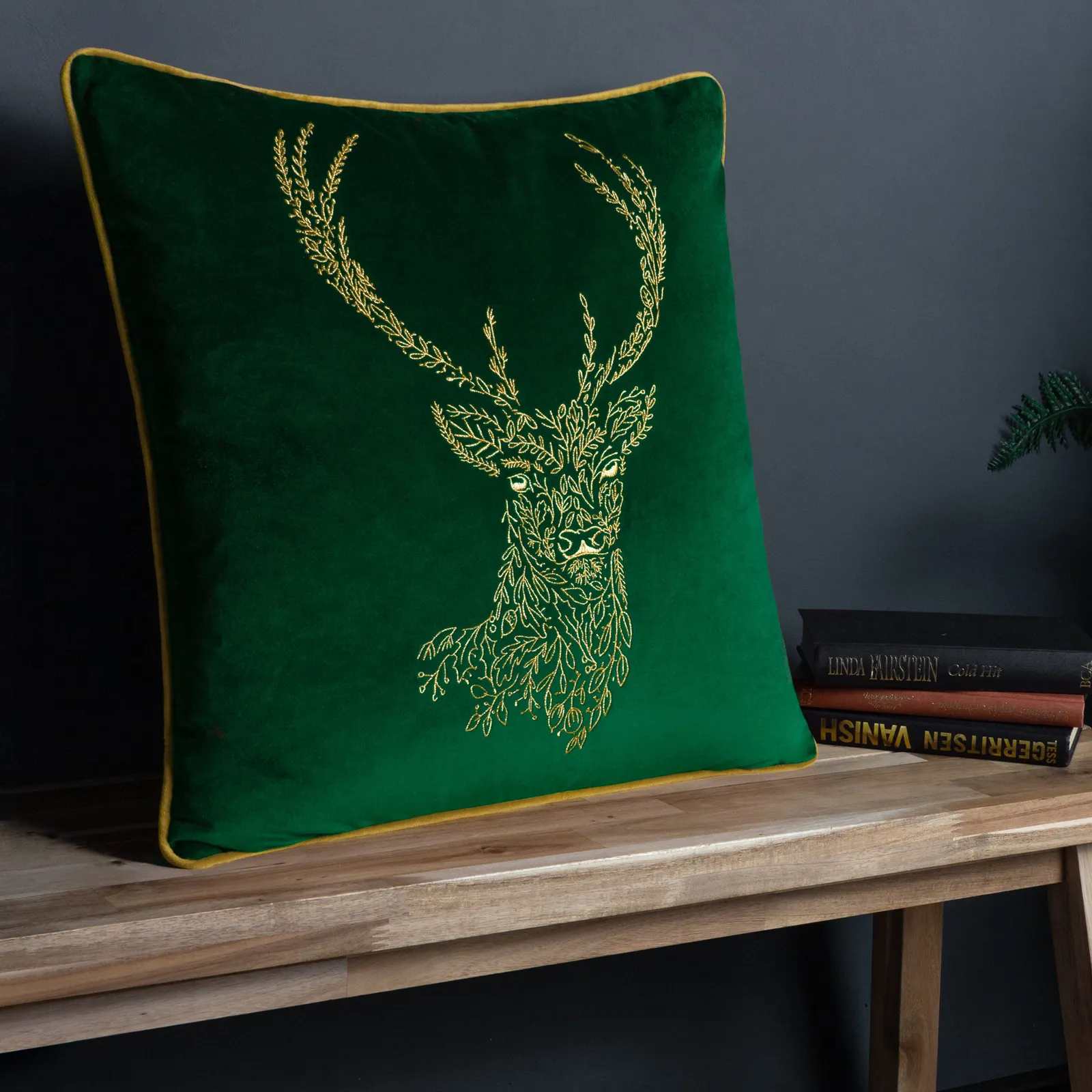 Furn Forest Fauna Embroidered Woodland Stag Piped Cushion in Emerald