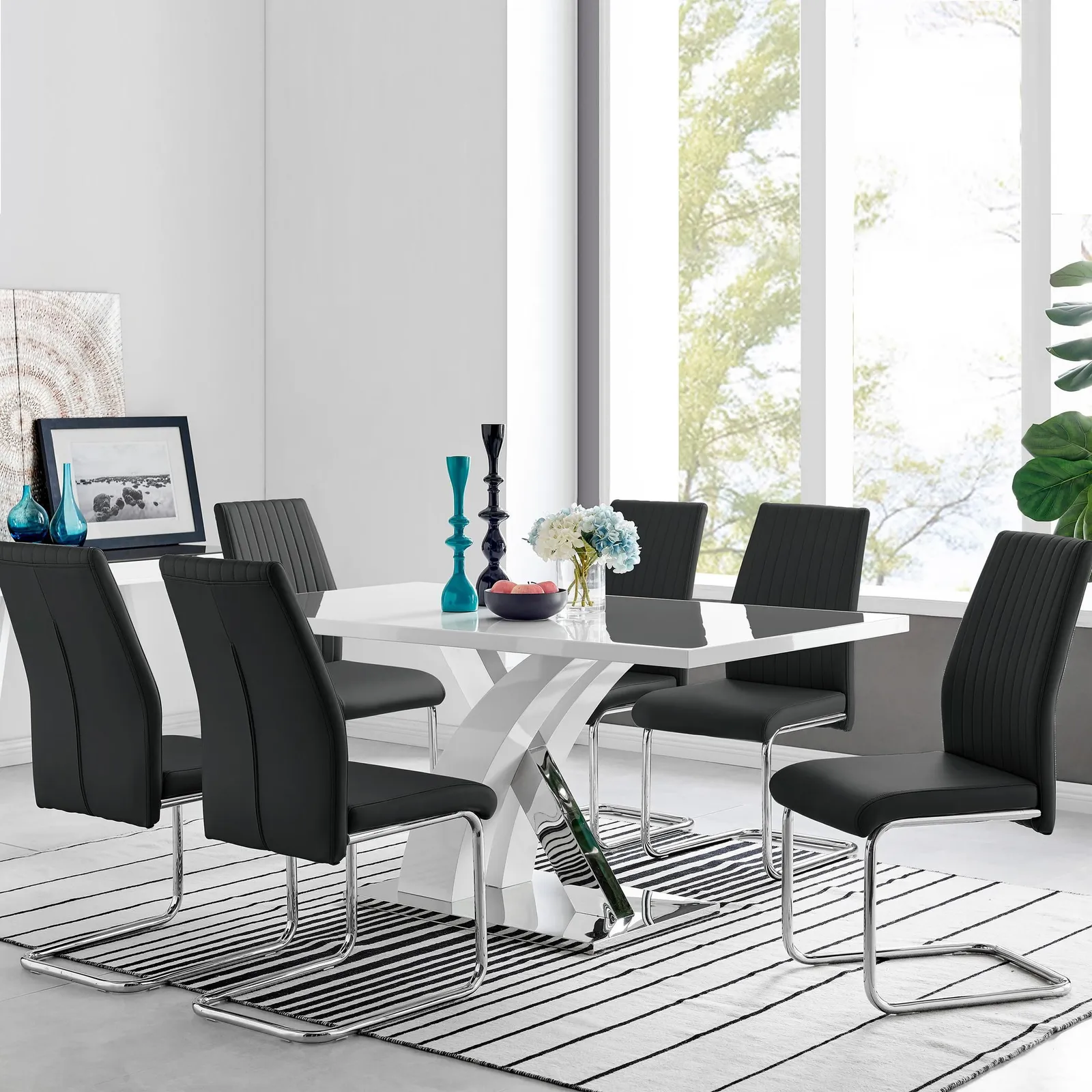 FurnitureboxUK Atlanta Modern Rectangle Chrome Metal High Gloss White Dining Table & 6 Lorenzo Chairs Set in Black 1