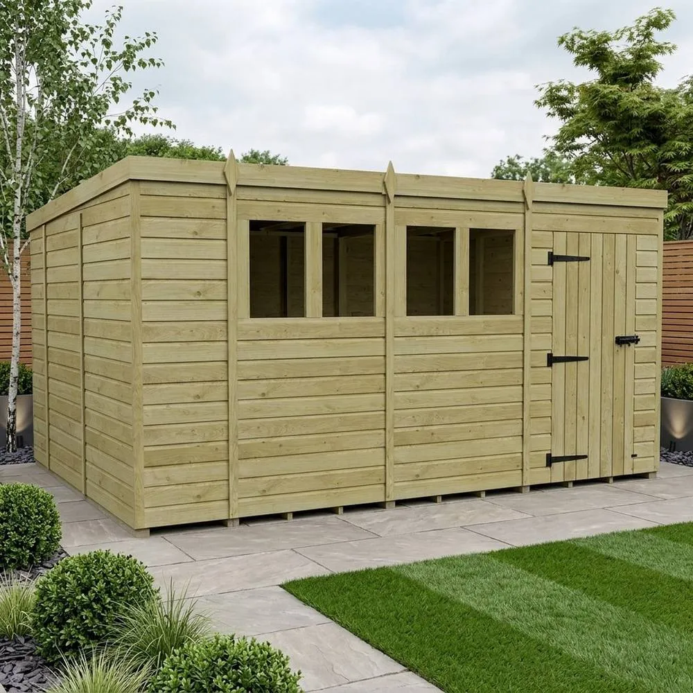 Buttercup Farm 14ft x 10ft Pent Garden Shed Single Door With Windows - Timber in Brown 2