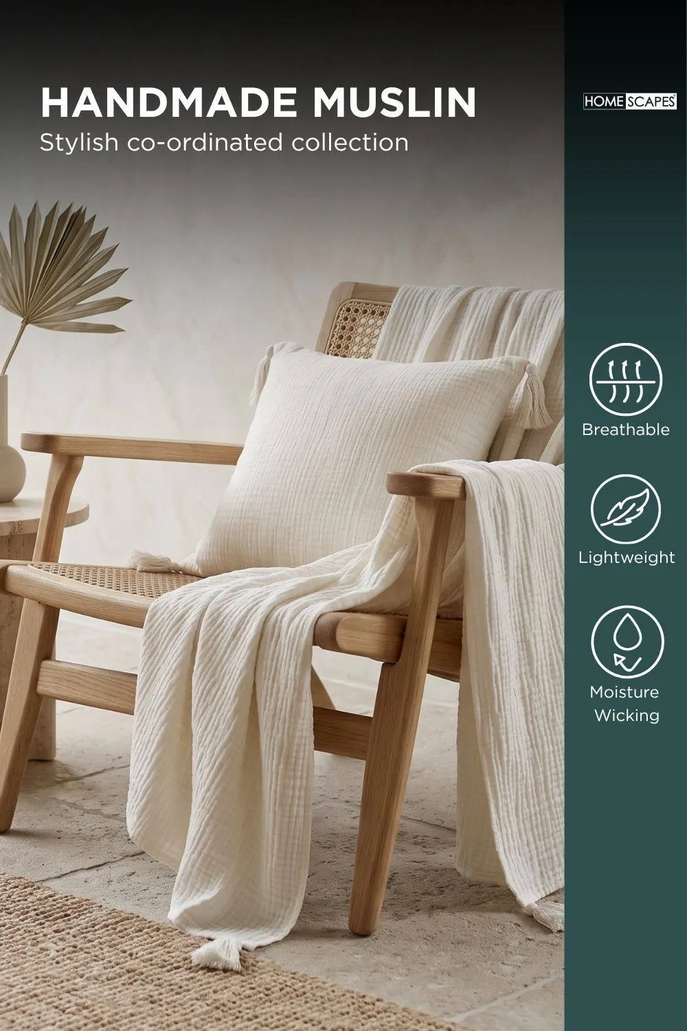Homescapes Pure Handmade Cotton Muslin Cushion with Cover - 45 x 45 cm in Off-White 3