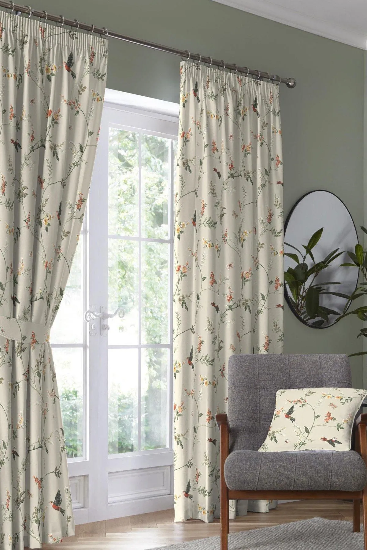Dreams & Drapes 'Darnley' Nature Inspired Print Pair of Pencil Pleat Curtains With Tie-Backs in Coral 1