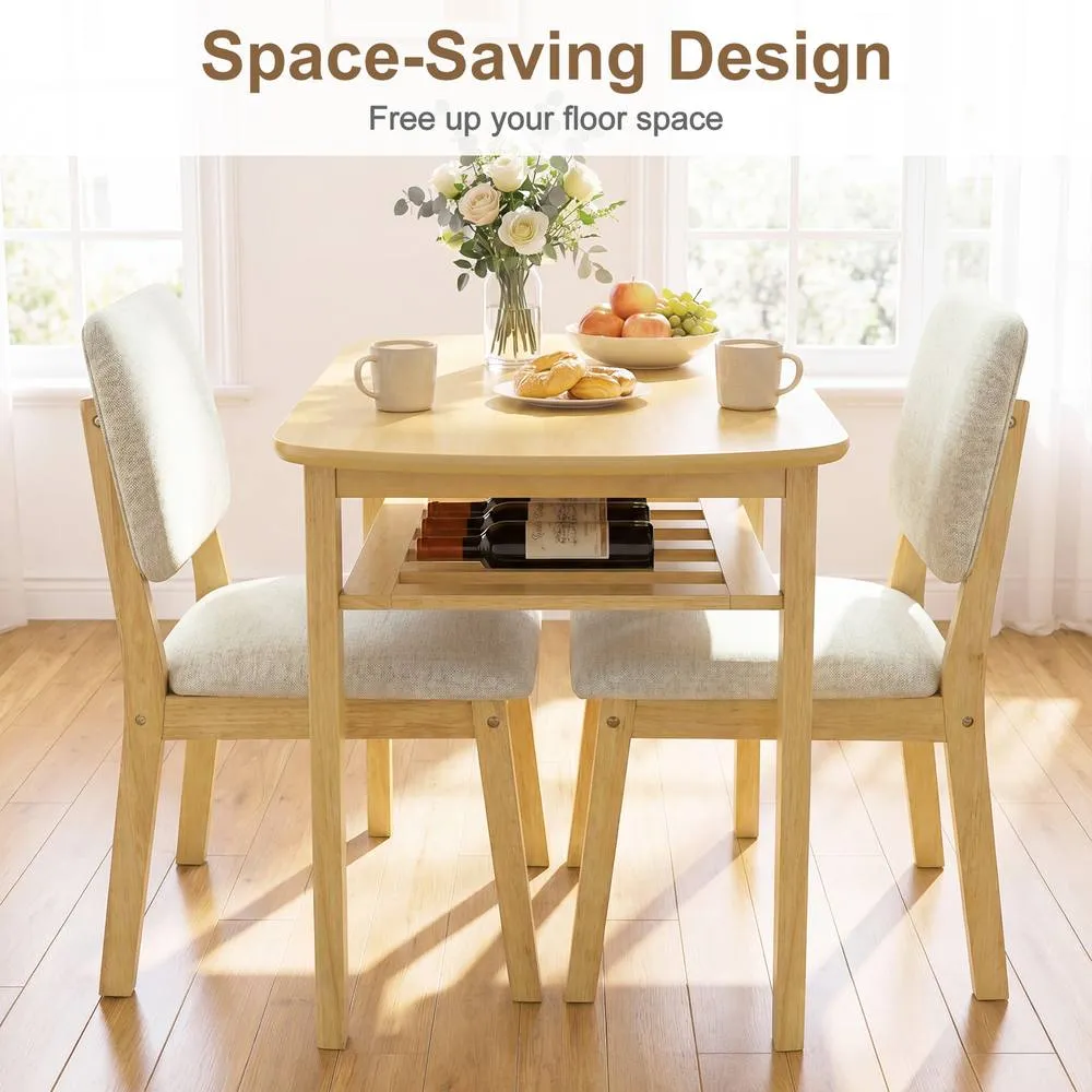 Costway 3-Piece Dining Table Set Solid Wood Kitchen Table with Storage Rack in Khaki 5
