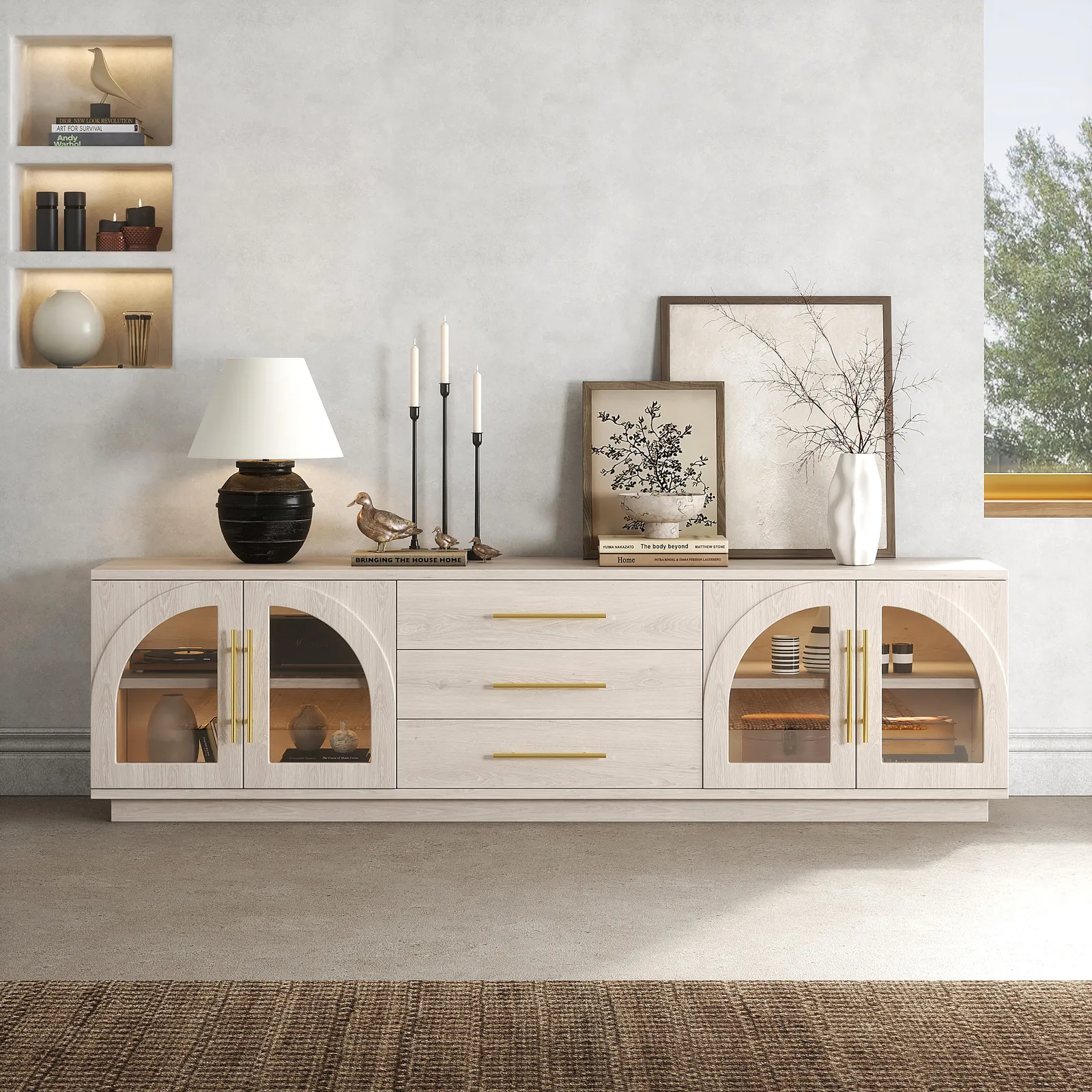 Arune Japandi Whitewash TV Stand with LED Lights and Arched Glass Cabinet Doors