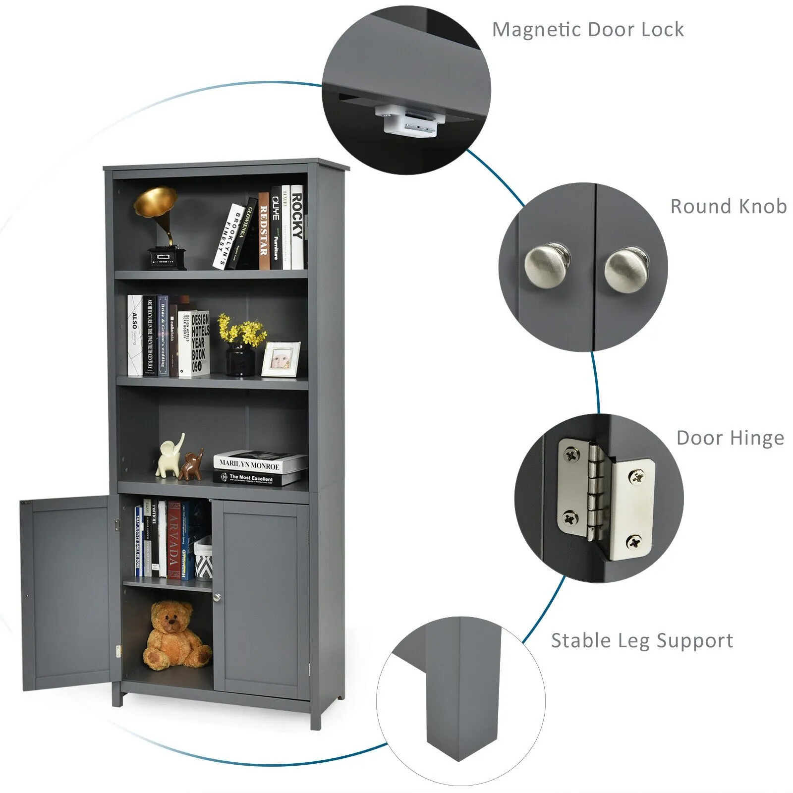 Costway Wooden Tall Bookcase 3-Tier Shelving Storage Cabinet 2 Doors Display Organizer in Grey 4