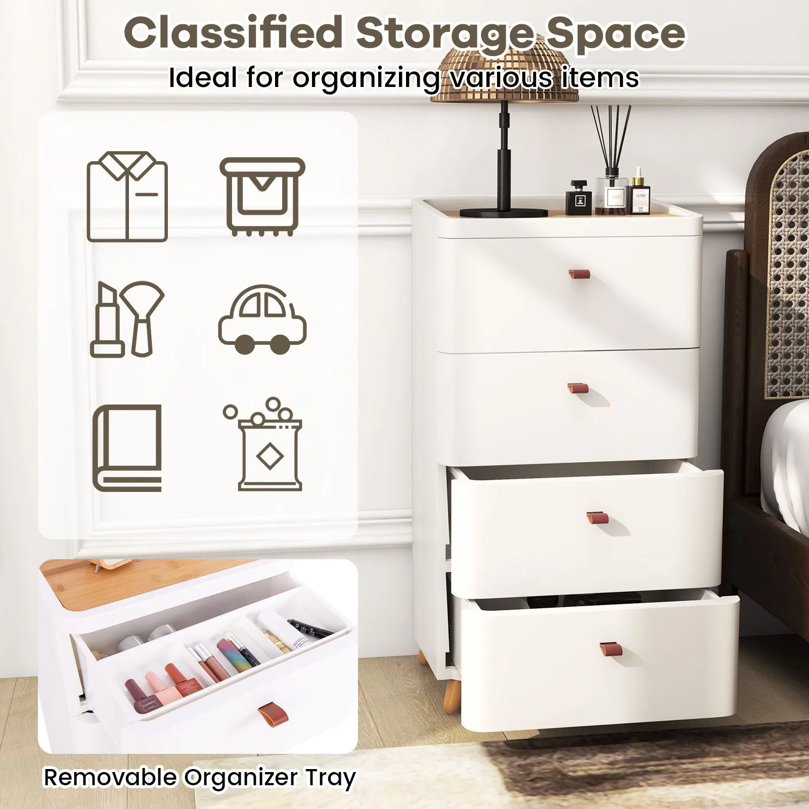 Costway 4 Drawer Dresser Bedroom Chest of Drawers with Removable Organizer Tray in White 6
