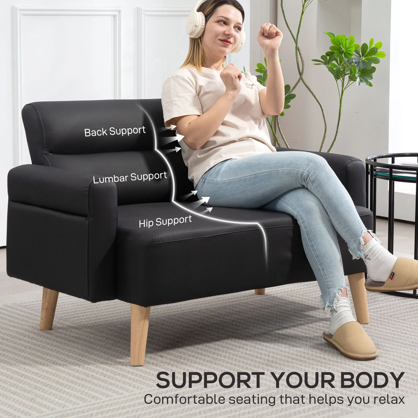 HOMCOM 2 Seater Sofa Settee, Modern Faux Leather Couch with Wood Legs in Black 5
