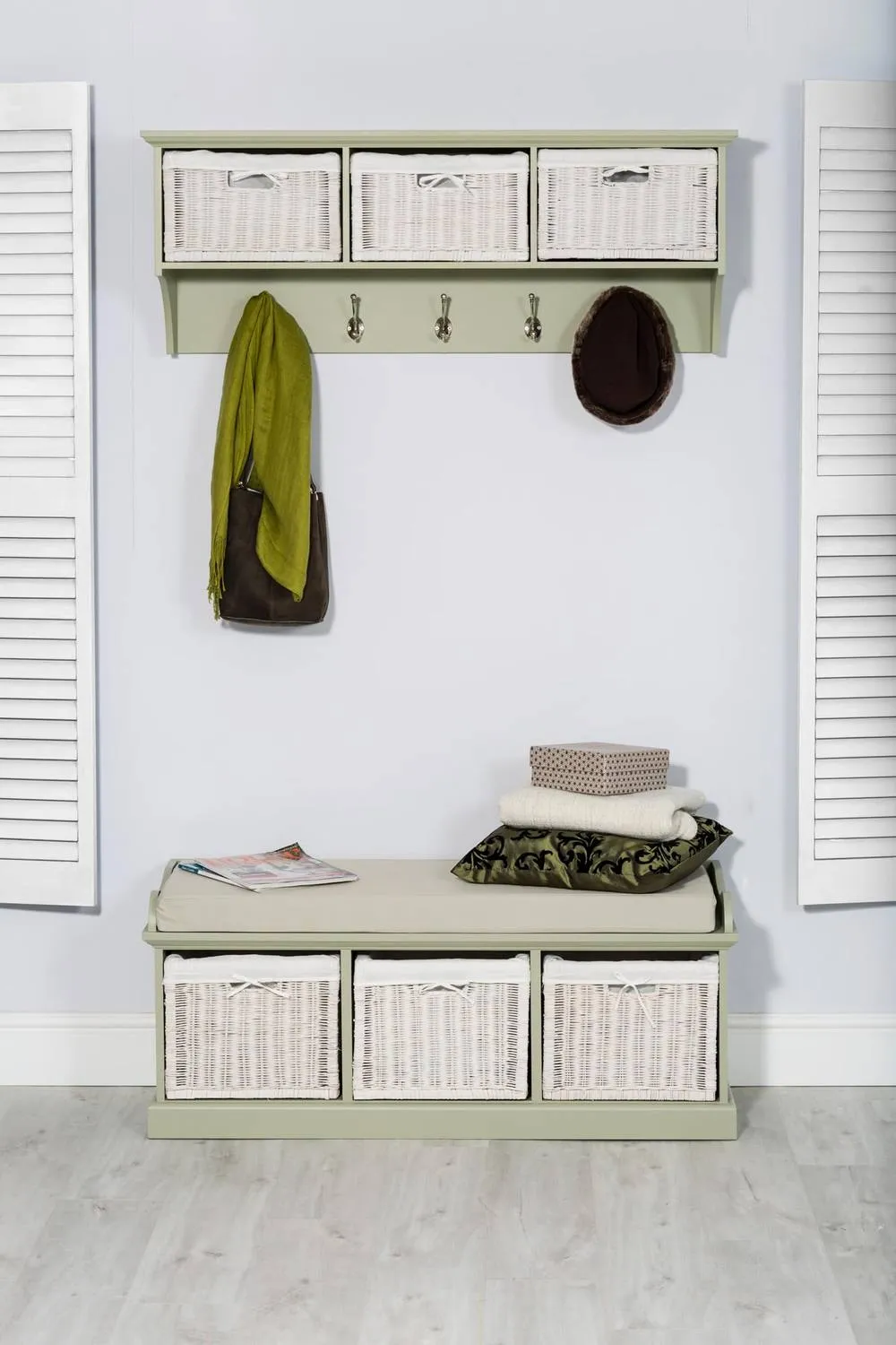 Statement Furniture Tetbury Large Hallway Coat Rack / Shelf with Wicker Storage Baskets in Light Green 6