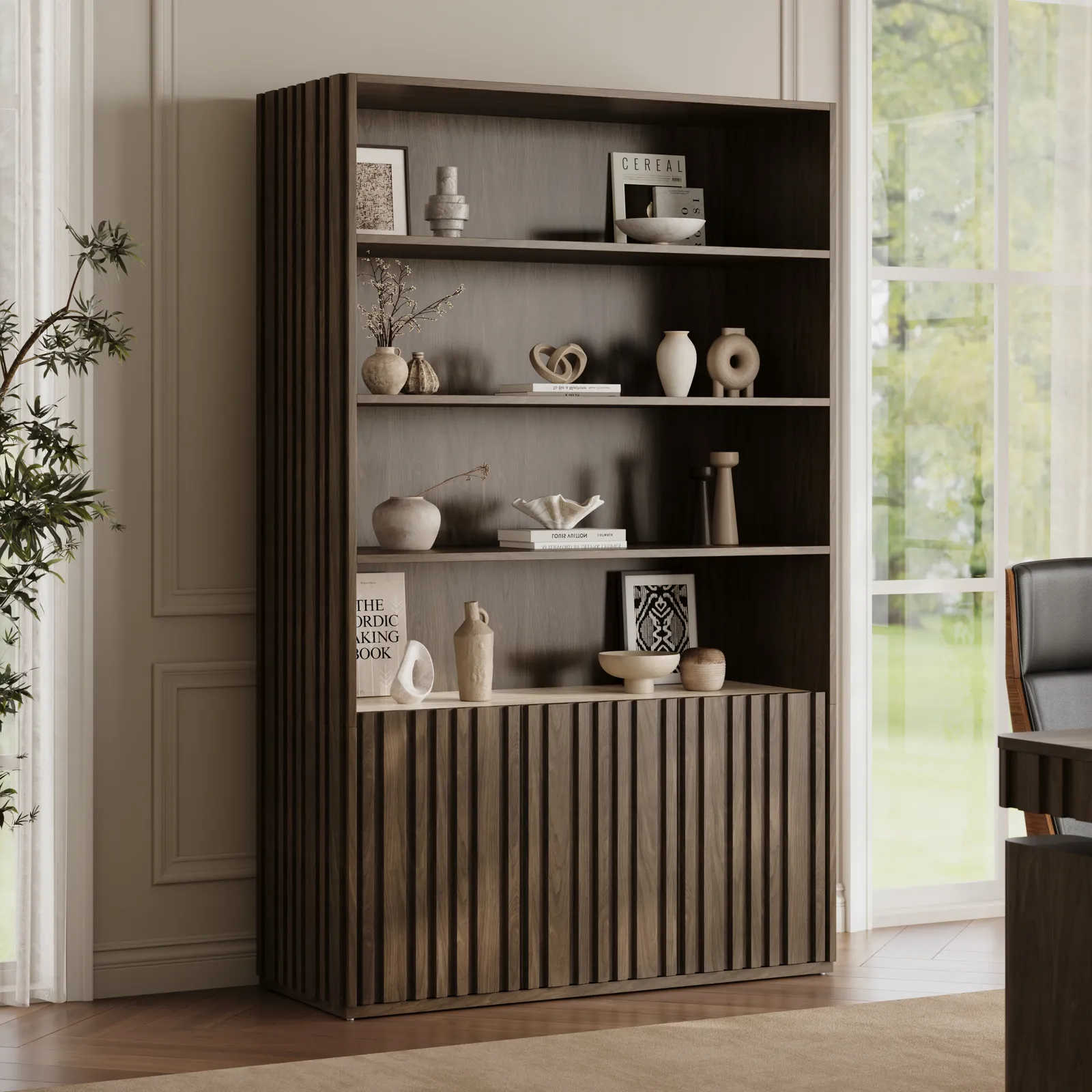Aura 120cm Ash Wood Fluted Bookcase With Sintered Stone Top