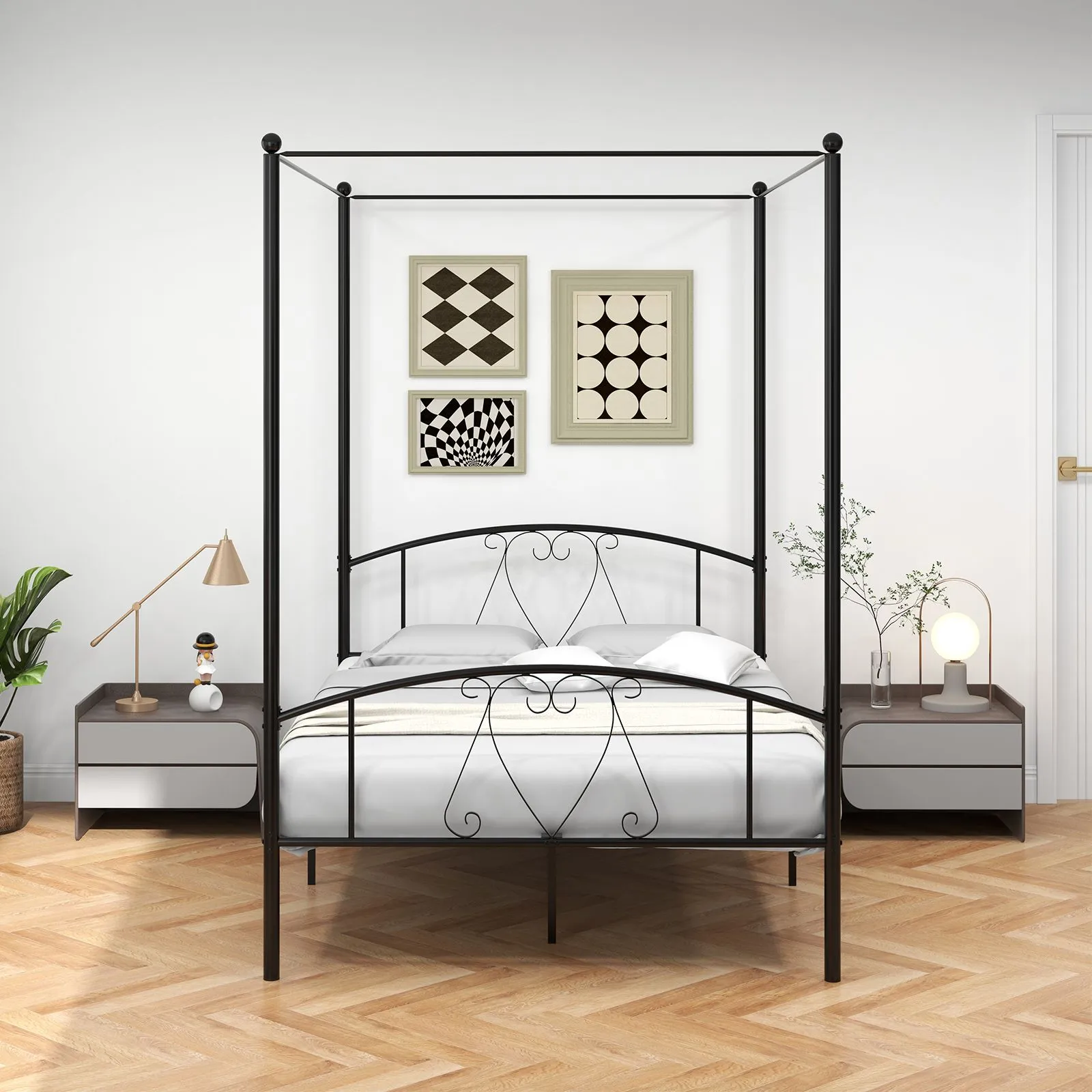 Costway Double Size Metal Canopy Bed Frame 4-Poster Modern Platform Wooden Slat Support in Black