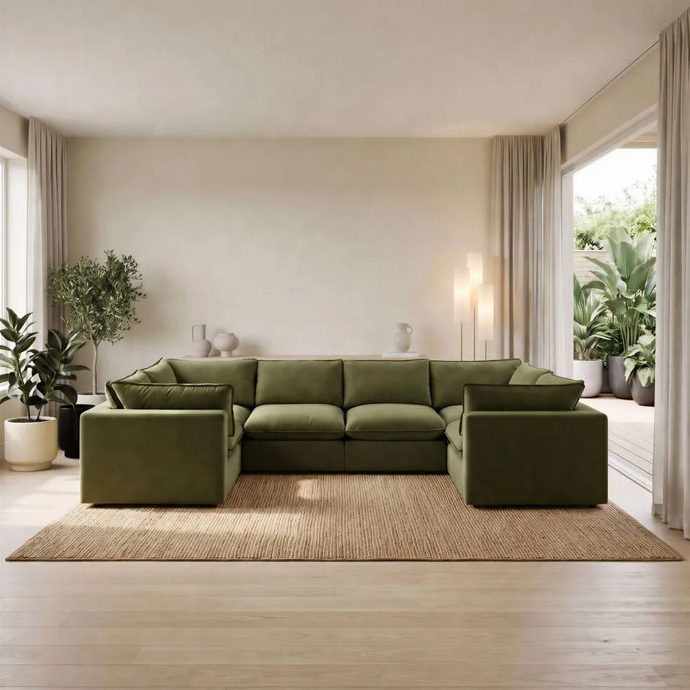 FurnitureboxUK Echo Linen-Look Fabric 5 Seater U-Shaped Modular Corner Sofa in Green 2