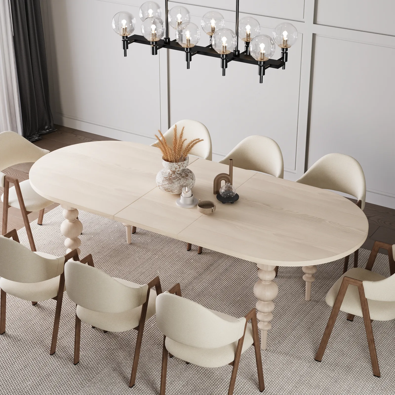 2000mm-2400mm Mid-Century Oval Extendable Dining Table Whitewash Seats 6-10 People