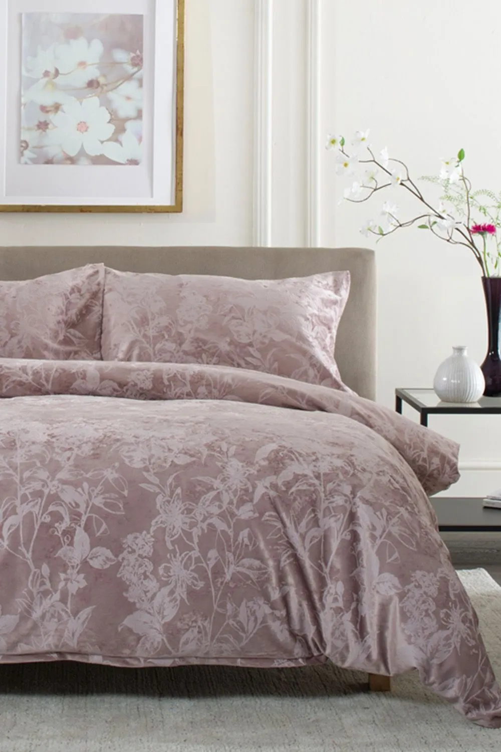 The Lyndon Company Crushed Velvet Chatsworth Printed Duvet Cover Set | Deyongs 1846 in Pink 2